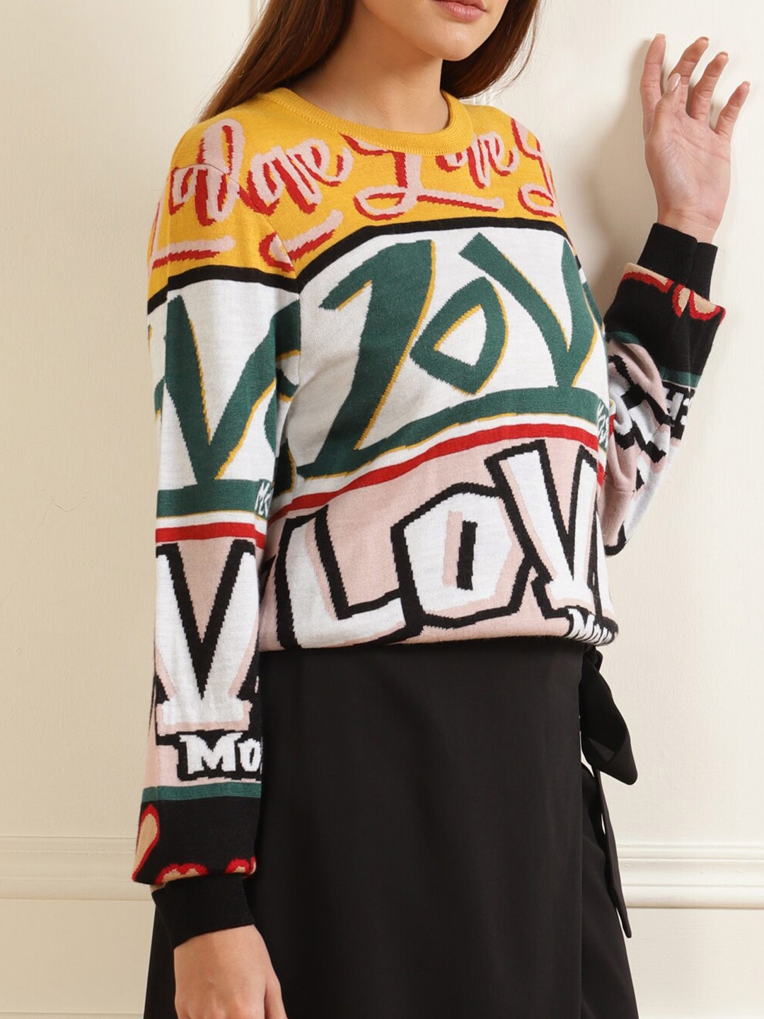 

LOVE MOSCHINO Women White & Yellow Typography Printed Pullover