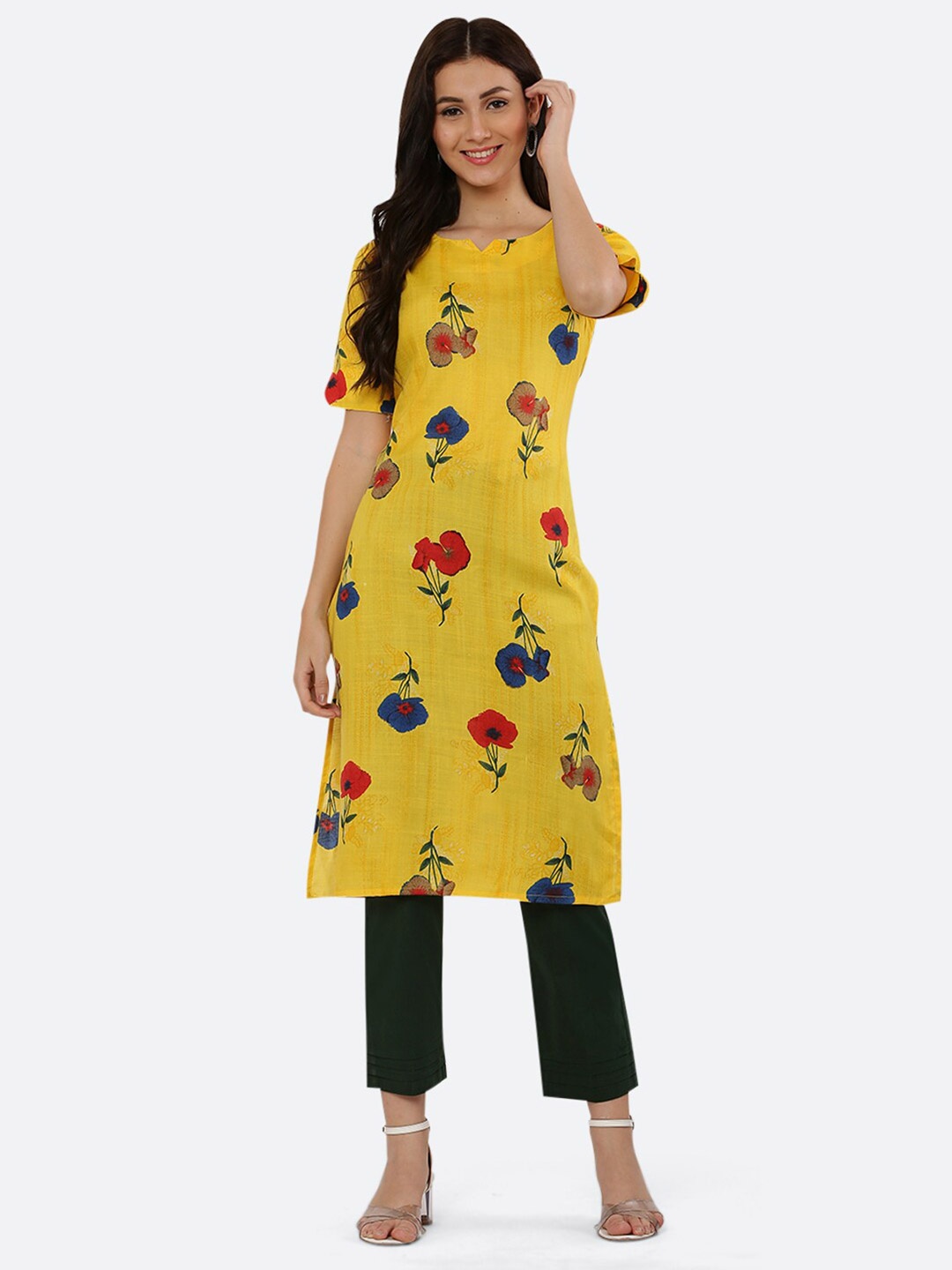 

KETAKI FASHION Women Yellow & Red Floral Printed Floral Cotton Kurta