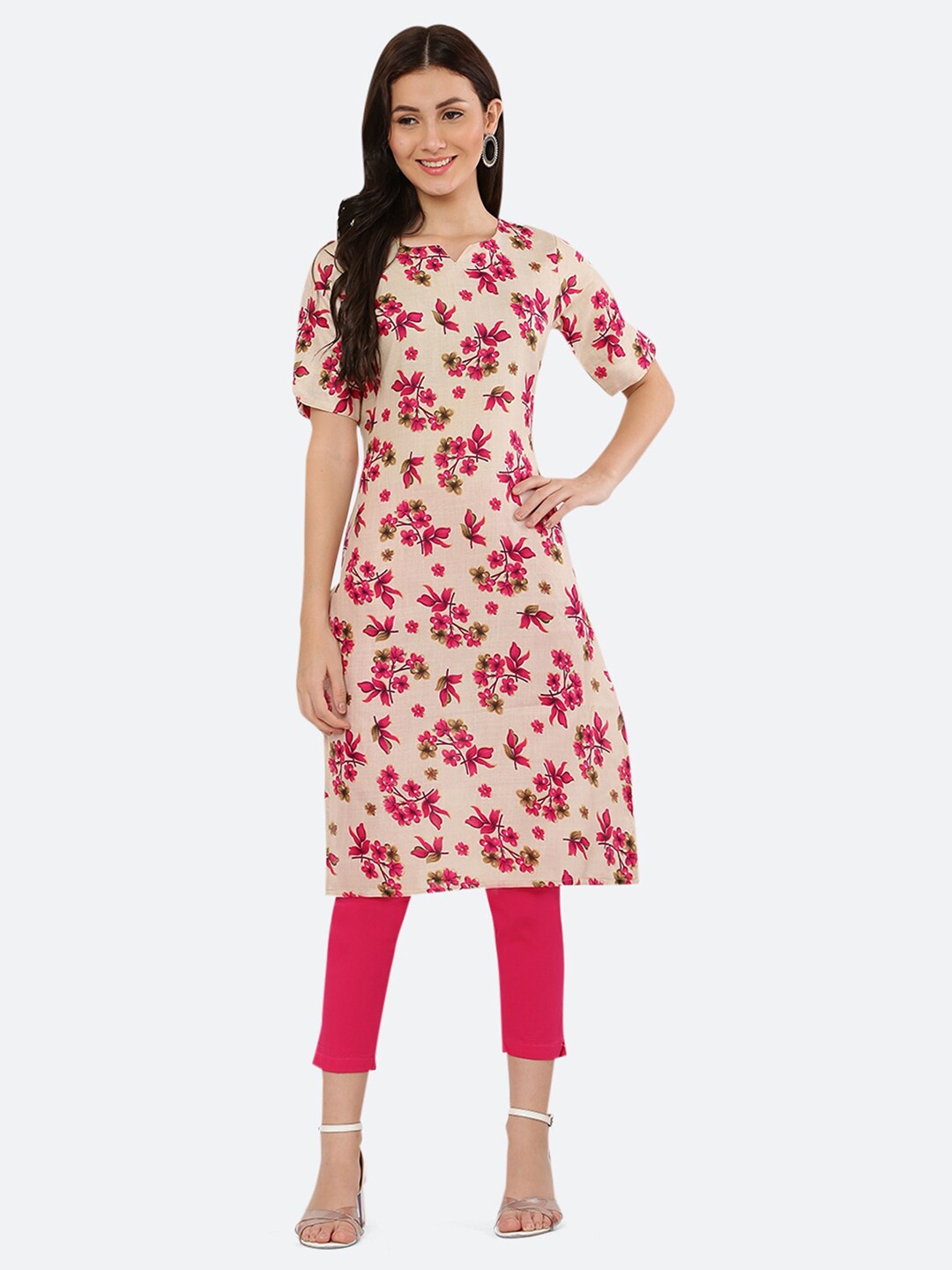 

KETAKI FASHION Women Beige & Red Floral Printed Floral Kurta