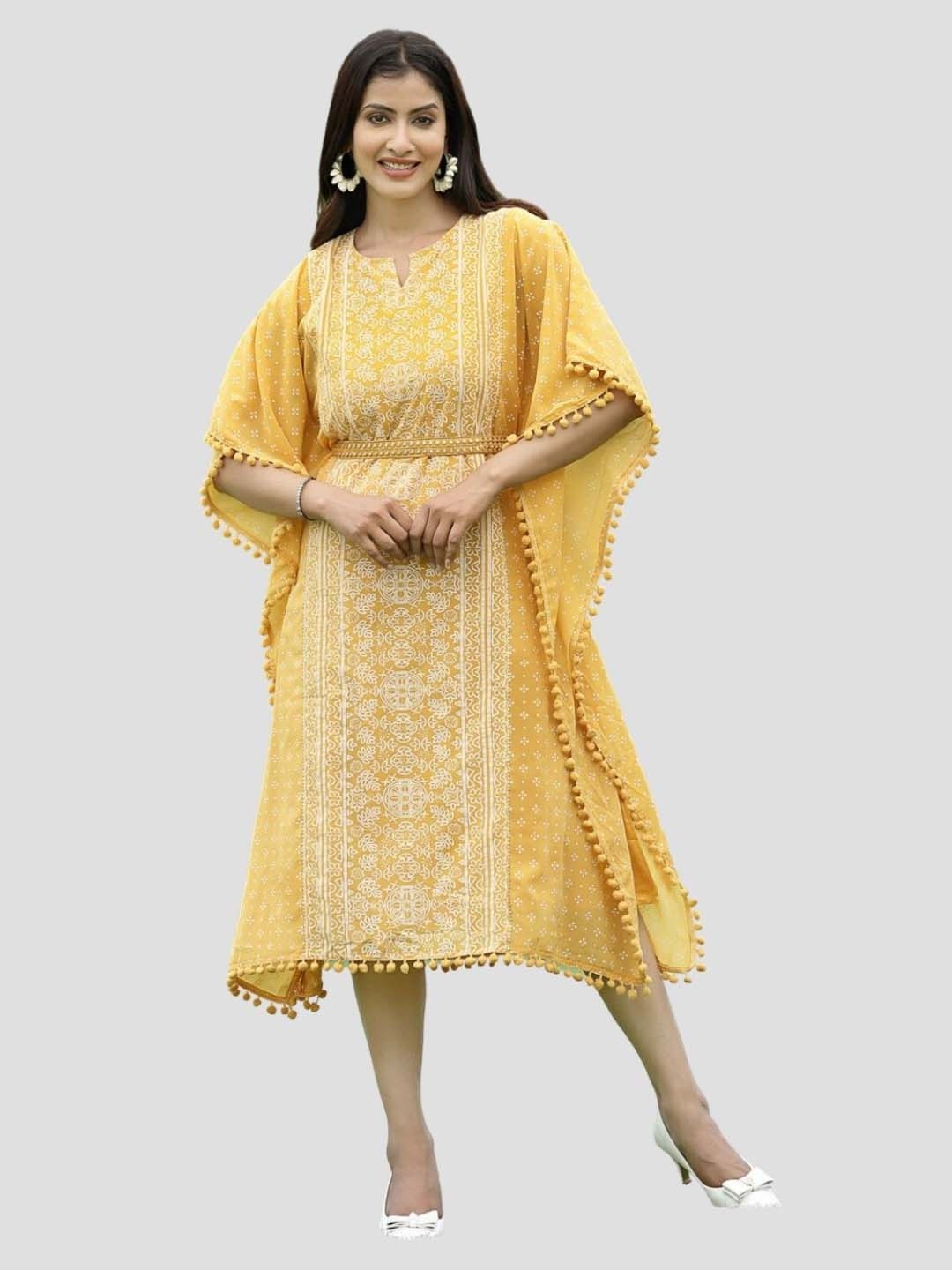 

Juniper Women Mustard Yellow & White Ethnic Motifs Dyed Flared Sleeves Georgette Kaftan Kurta