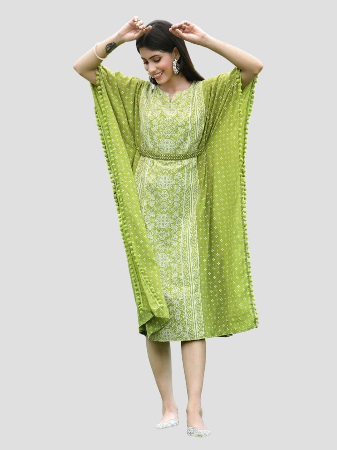 

Juniper Women Green Bandhani Printed Flared Sleeves Georgette Kaftan Kurta