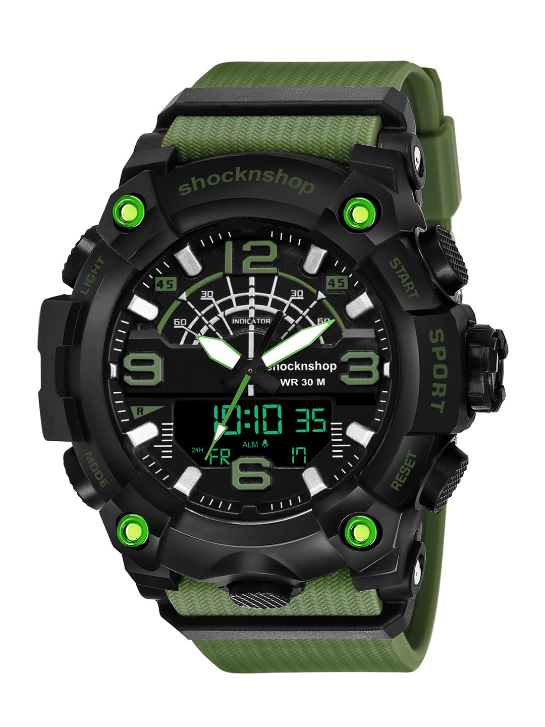 

Shocknshop Men Black Dial & Green Straps Analogue and Digital Multi Function Watch W02GRN