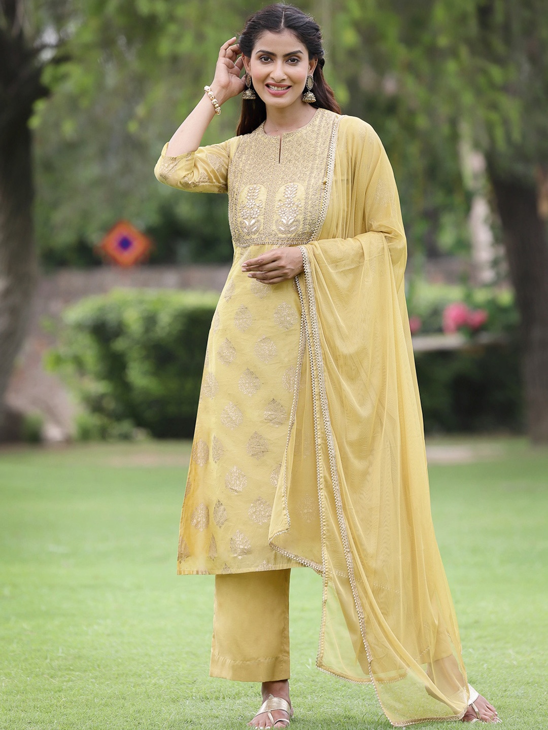 

Juniper Women Mustard Yellow Embroidered Chanderi Silk Kurti with Salwar & With Dupatta