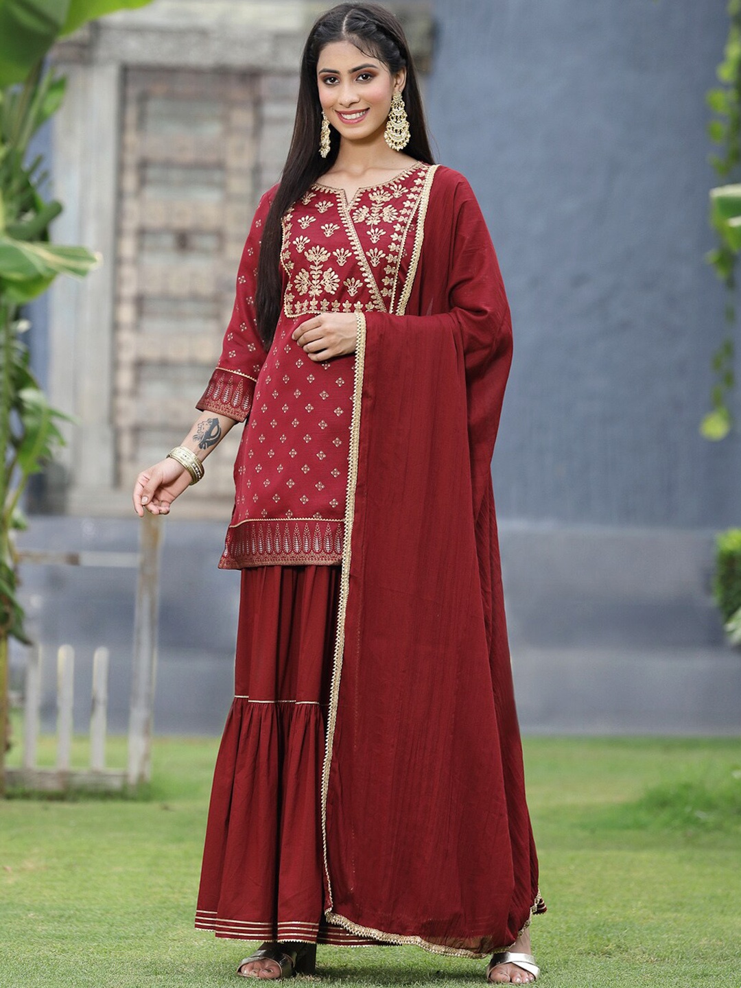 

Juniper Women Maroon Ethnic Motifs Printed Kurta with Palazzos & With Dupatta