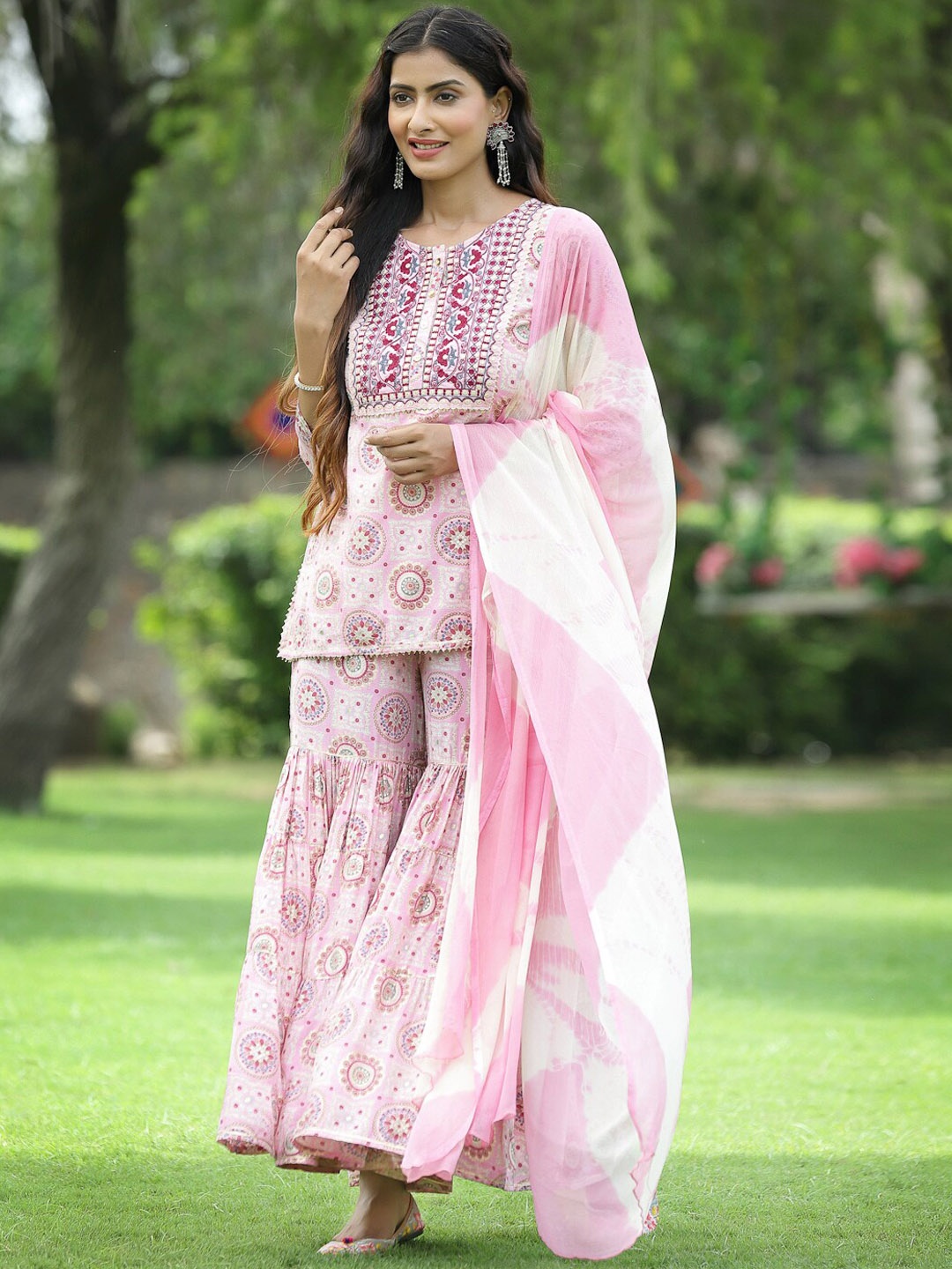 

Juniper Women Pink Floral Yoke Design Kurti with Sharara & With Dupatta