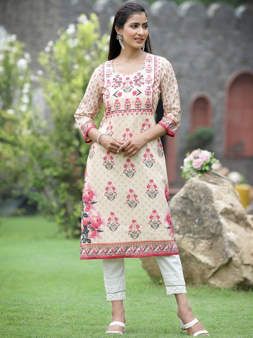 

Juniper Women Beige Floral Printed Flared Sleeves Crepe Kurta