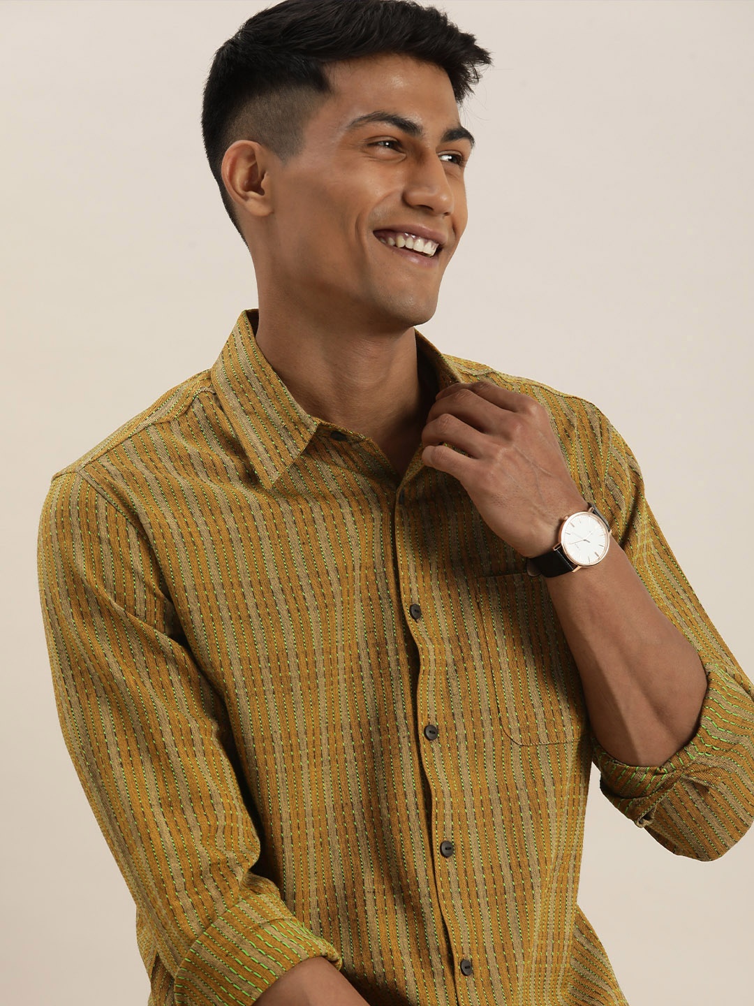 

Taavi Woven Legacy Striped Pure Cotton Casual Shirt, Olive