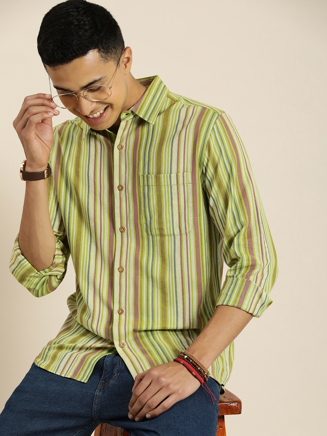 

Taavi Men Woven Legacy Striped Casual Shirt with Chest Pocket, Green