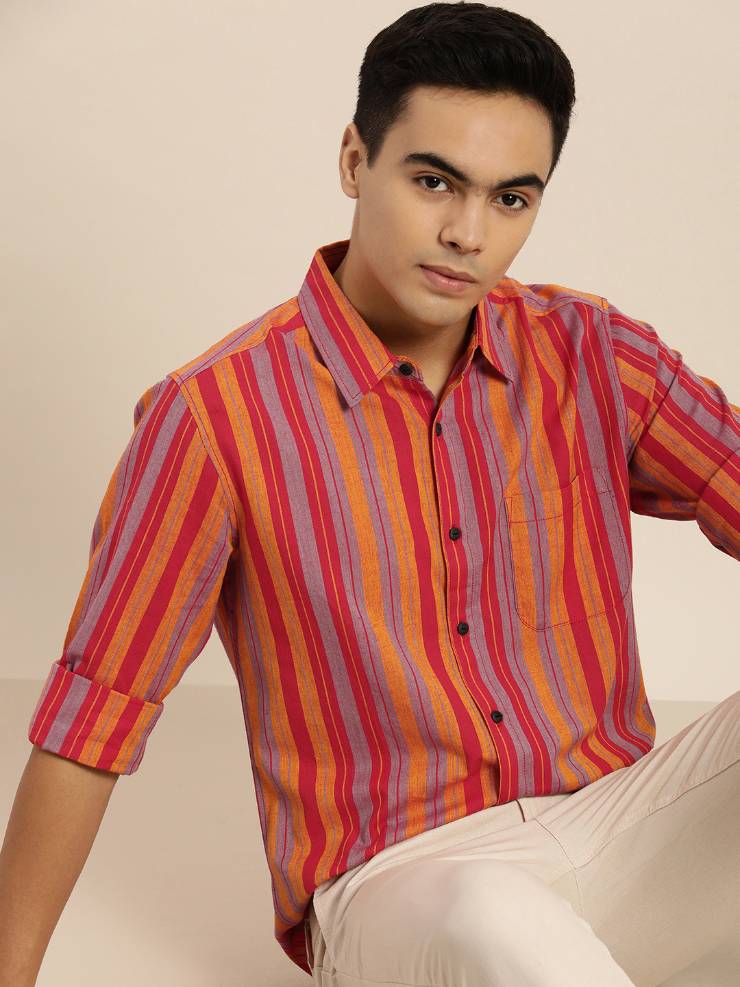

Taavi Woven Legacy Striped Pure Cotton Casual Shirt, Red