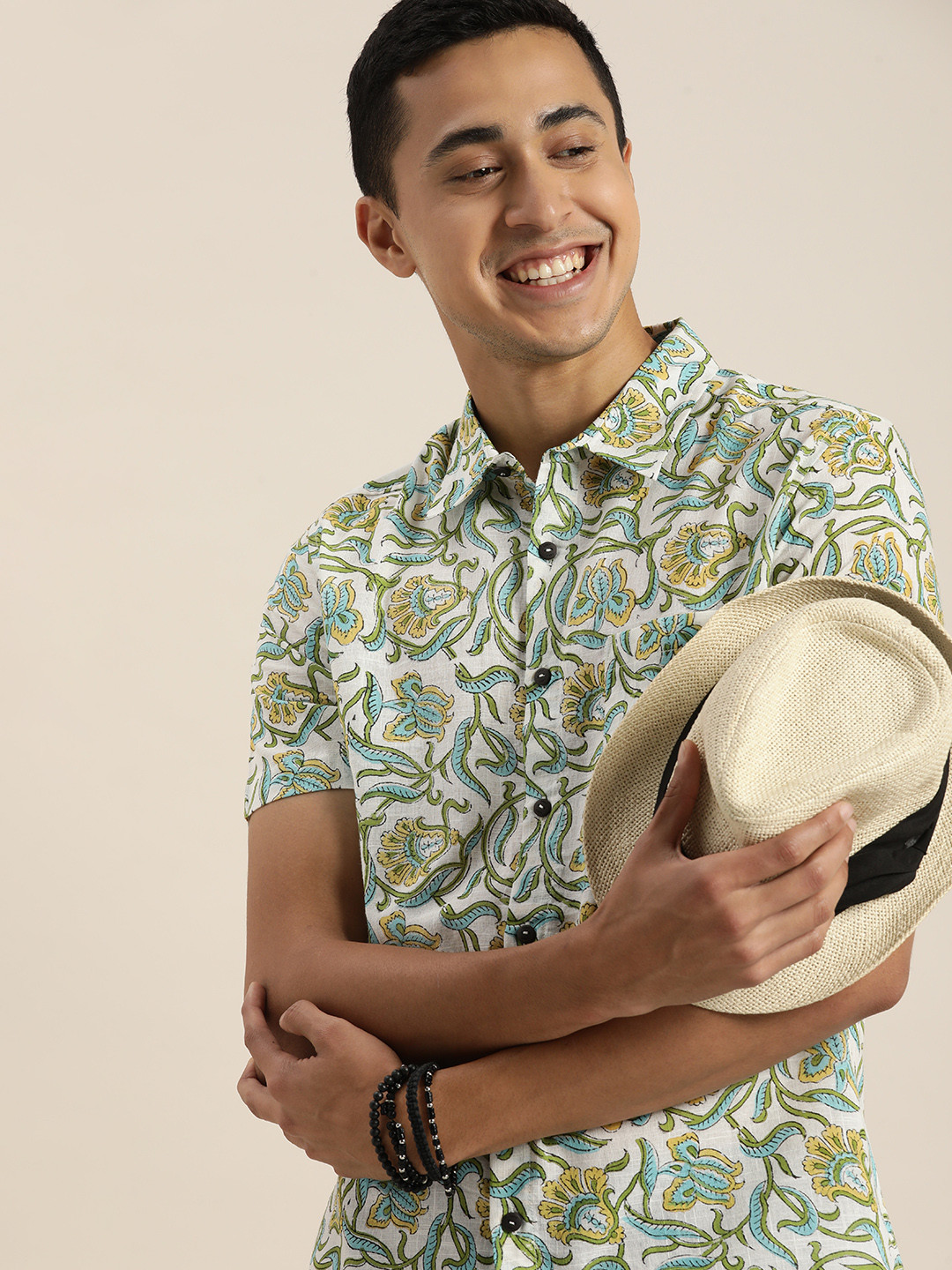 

Taavi Printed Pure Cotton Sanganeri Casual Shirt with Patch Pocket, White