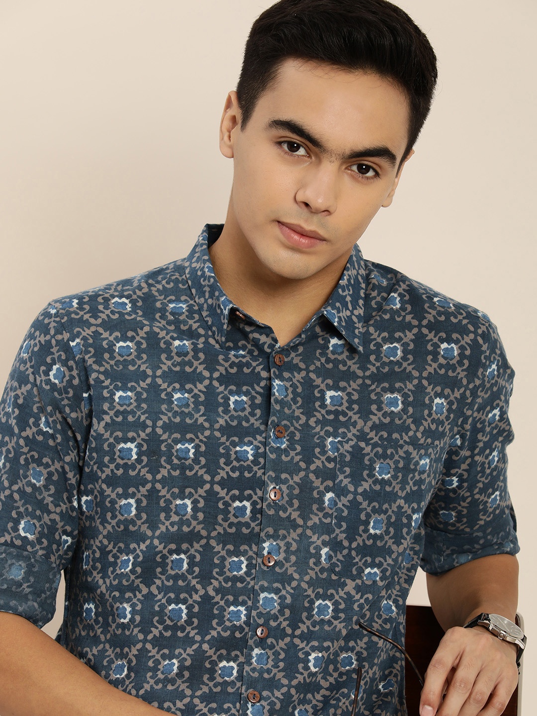 

Taavi Indigo Ethnic Motifs Printed Pure Cotton Casual Shirt, Blue