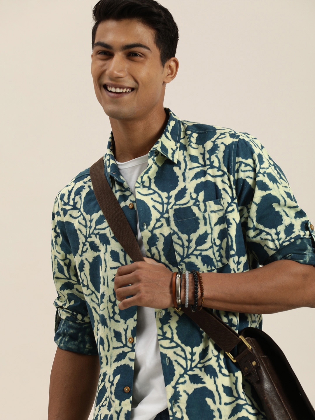 

Taavi Men Teal Blue And Lime Yellow Indigo Hand Block Printed Pure Cotton Shirt