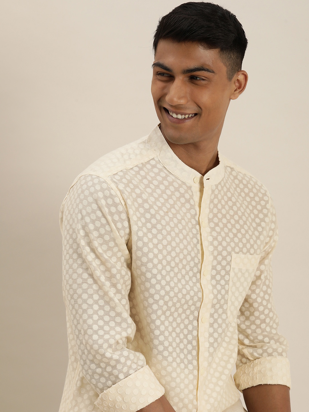 

Taavi Men Cora Off White Semi Sheer Band Collar Pure Cotton Casual Shirt