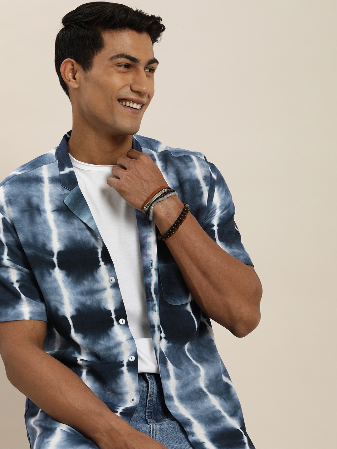 

Taavi Men Navy Blue And White Indigo Hand Block Printed Pure Cotton Shirt