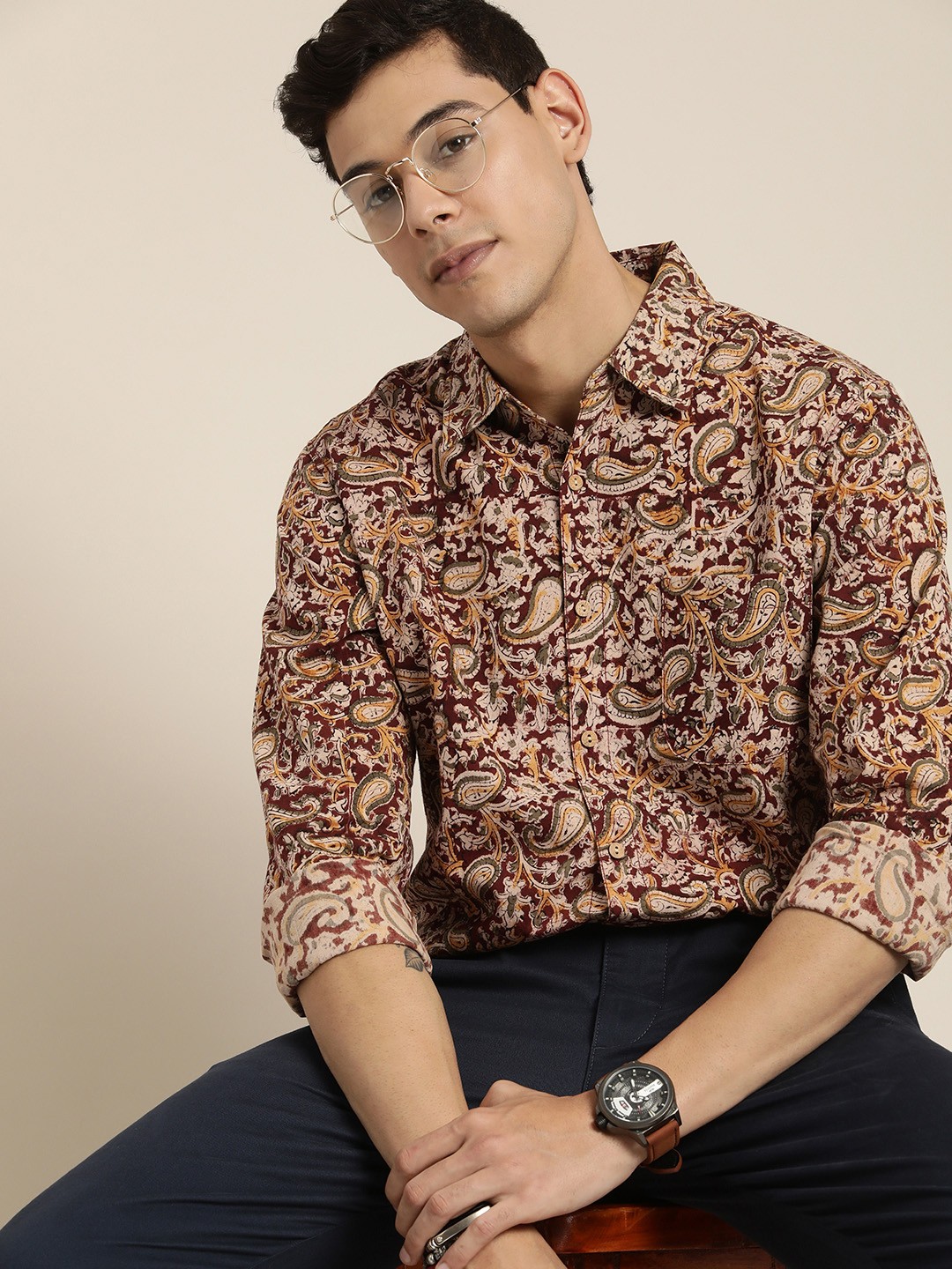 

Taavi Men Kalamkari Hand Block Printed Pure Cotton Casual Shirt, Beige