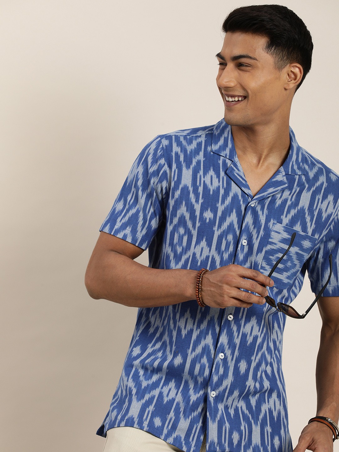 

Taavi Ikat Cuban Collar Casual Shirt, Blue