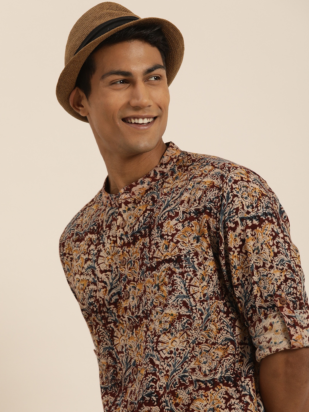 

Taavi Men Brown & Beige Kalamkari Print Pure Cotton Sustainable Shirt with Roll-Up Sleeves