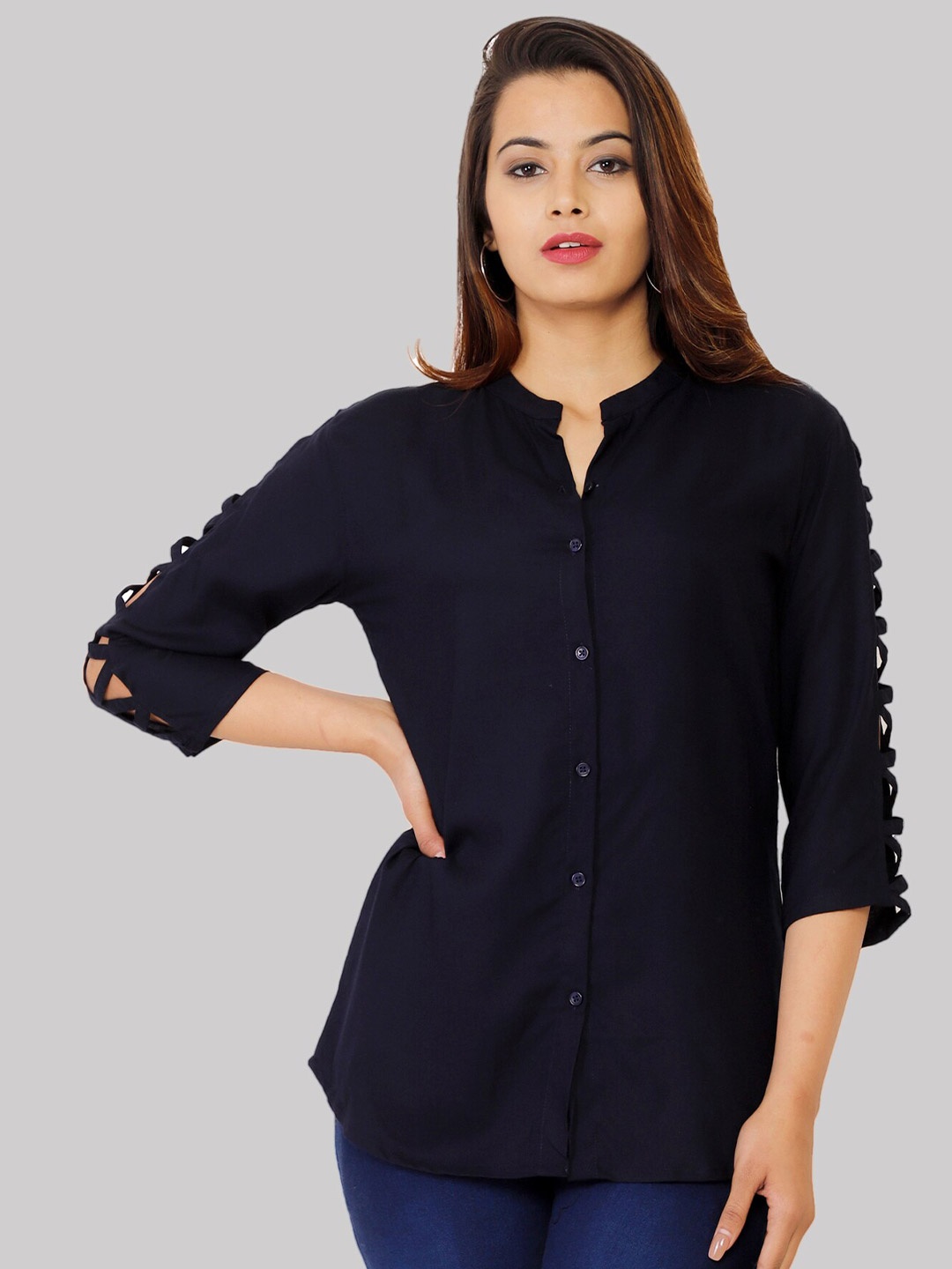 

Fab Star Blue Mandarin Collar High-Low Longline Top