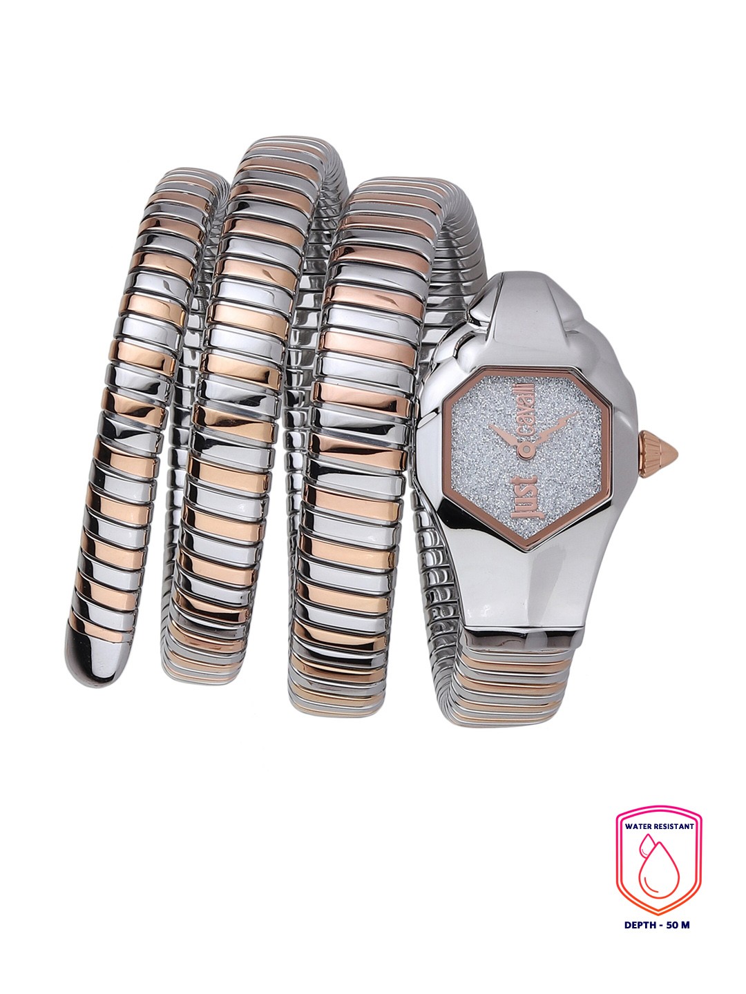 

Just Cavalli Women Silver-Toned Embellished Dial & Silver Toned Stainless Steel Wrap Around Straps Analogue Watch
