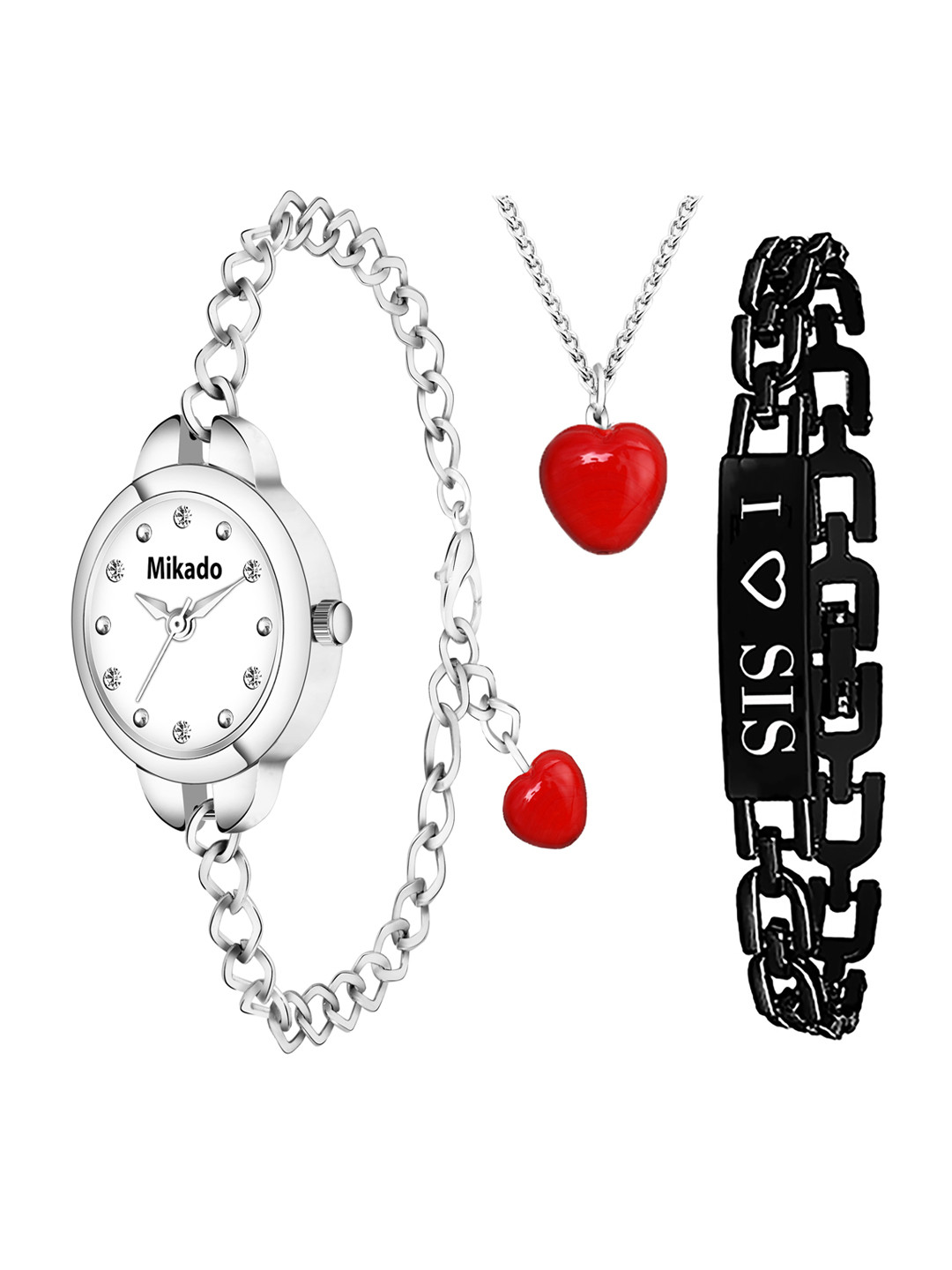 

Mikado Women White Brass Embellished Dial & Silver Toned Stainless Steel Bracelet Style Straps Analogue Watch, Red