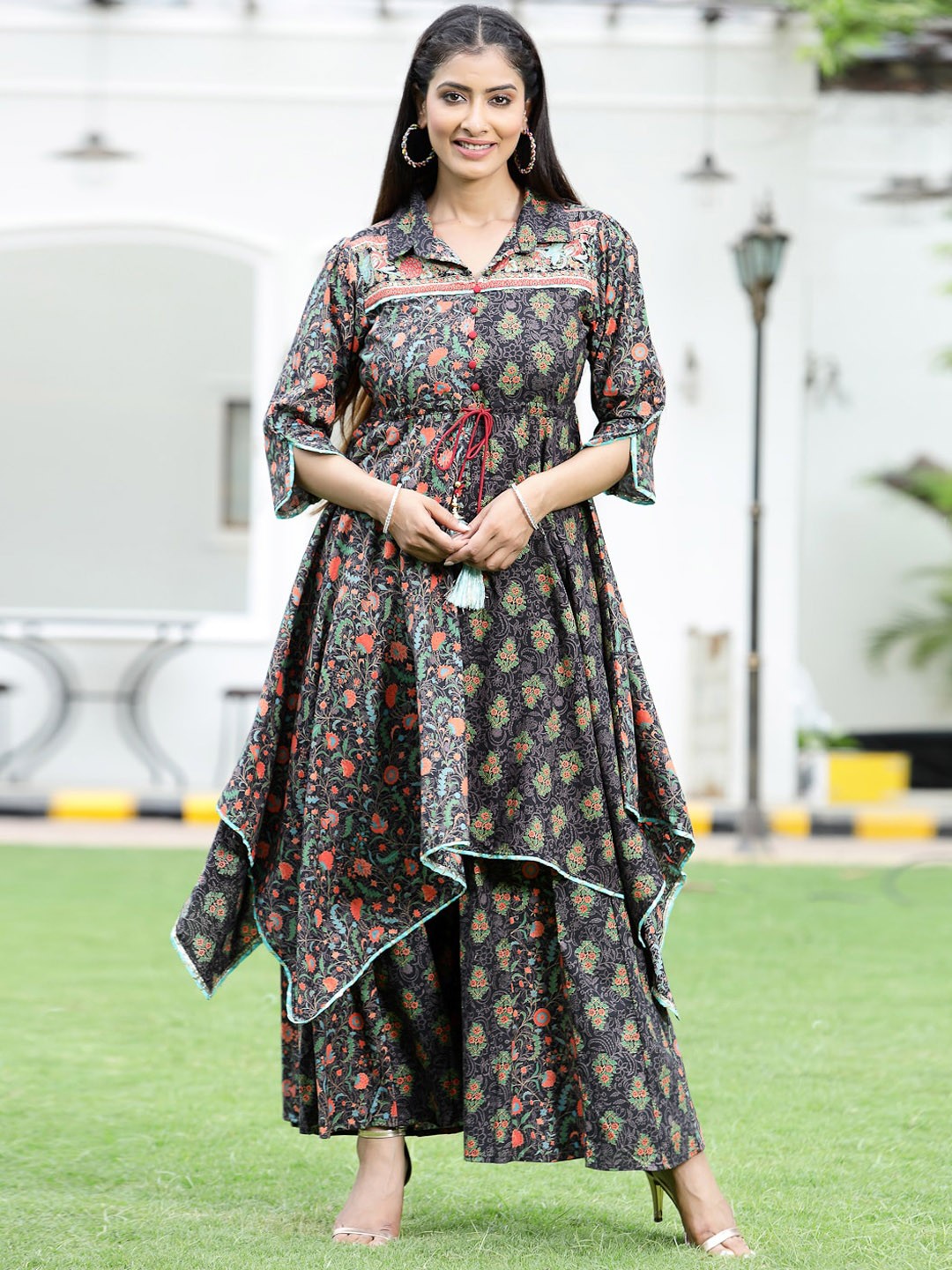 

Juniper Women Black Paisley Printed Gotta Patti Kurti with Skirt & With Dupatta