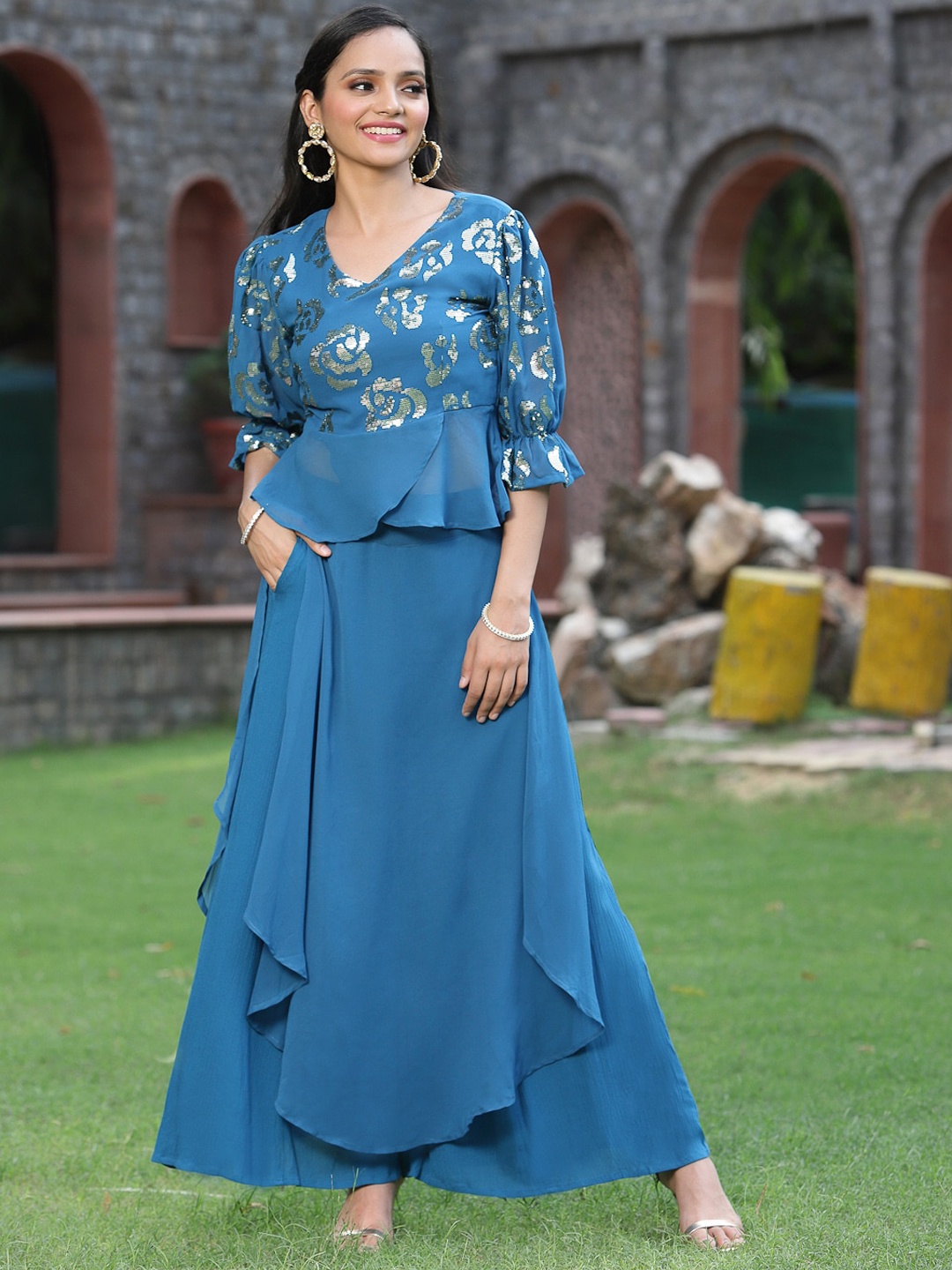 

Juniper Women Teal Floral Sequinned Kurti with Palazzos