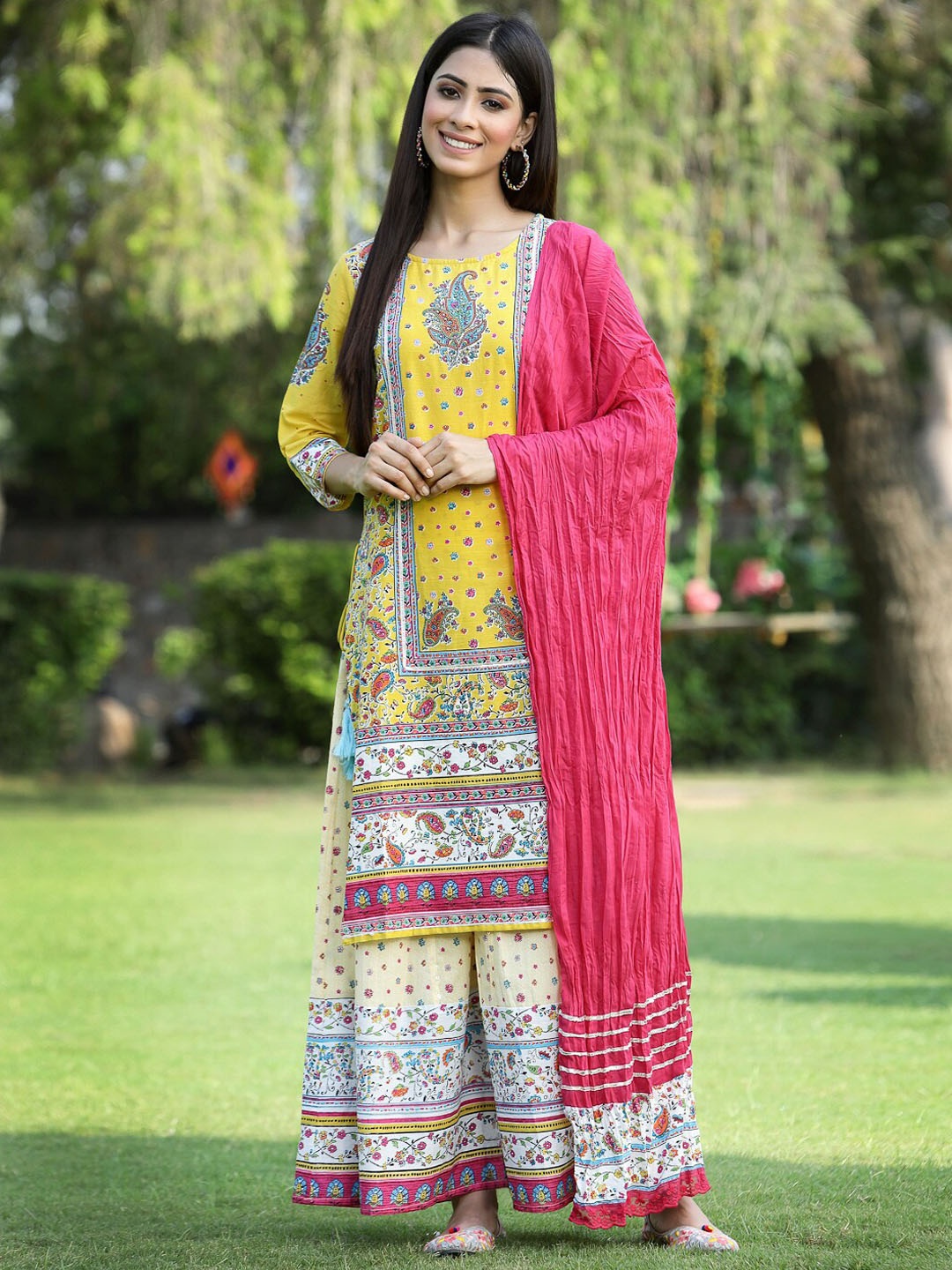

Juniper Women Yellow Ethnic Motifs Gotta Patti Kurta with Skirt & With Dupatta