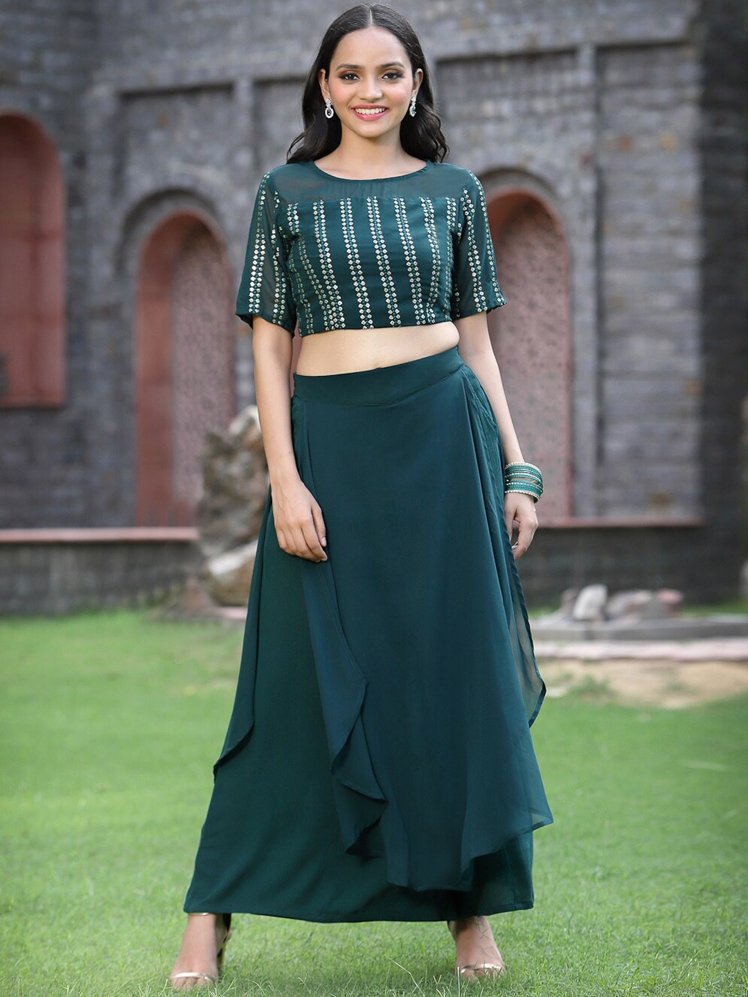 

Juniper Women Green Layered Kurti with Palazzos & With Dupatta
