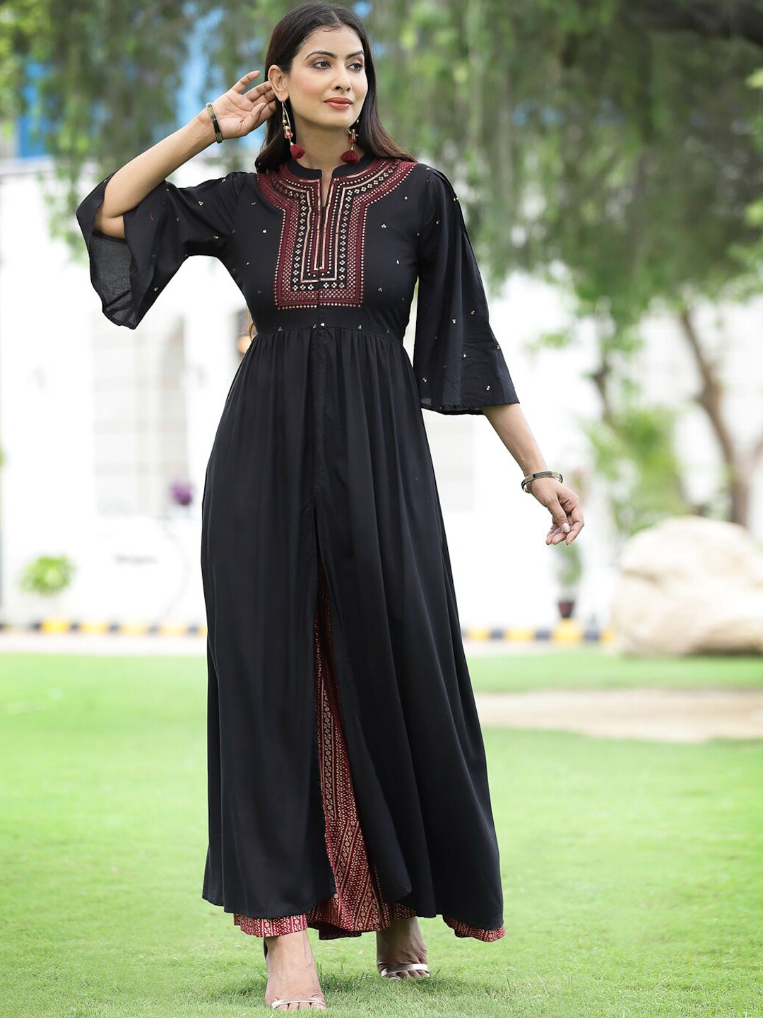 

Juniper Women Black Floral Sequinned Kurti with Skirt & With Dupatta