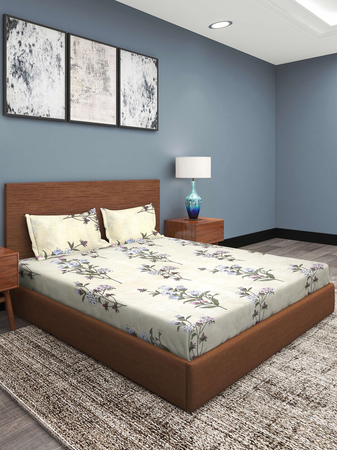 

ROMEE Cream-Coloured & Green Floral 186 TC King Bedsheet with 2 Pillow Covers