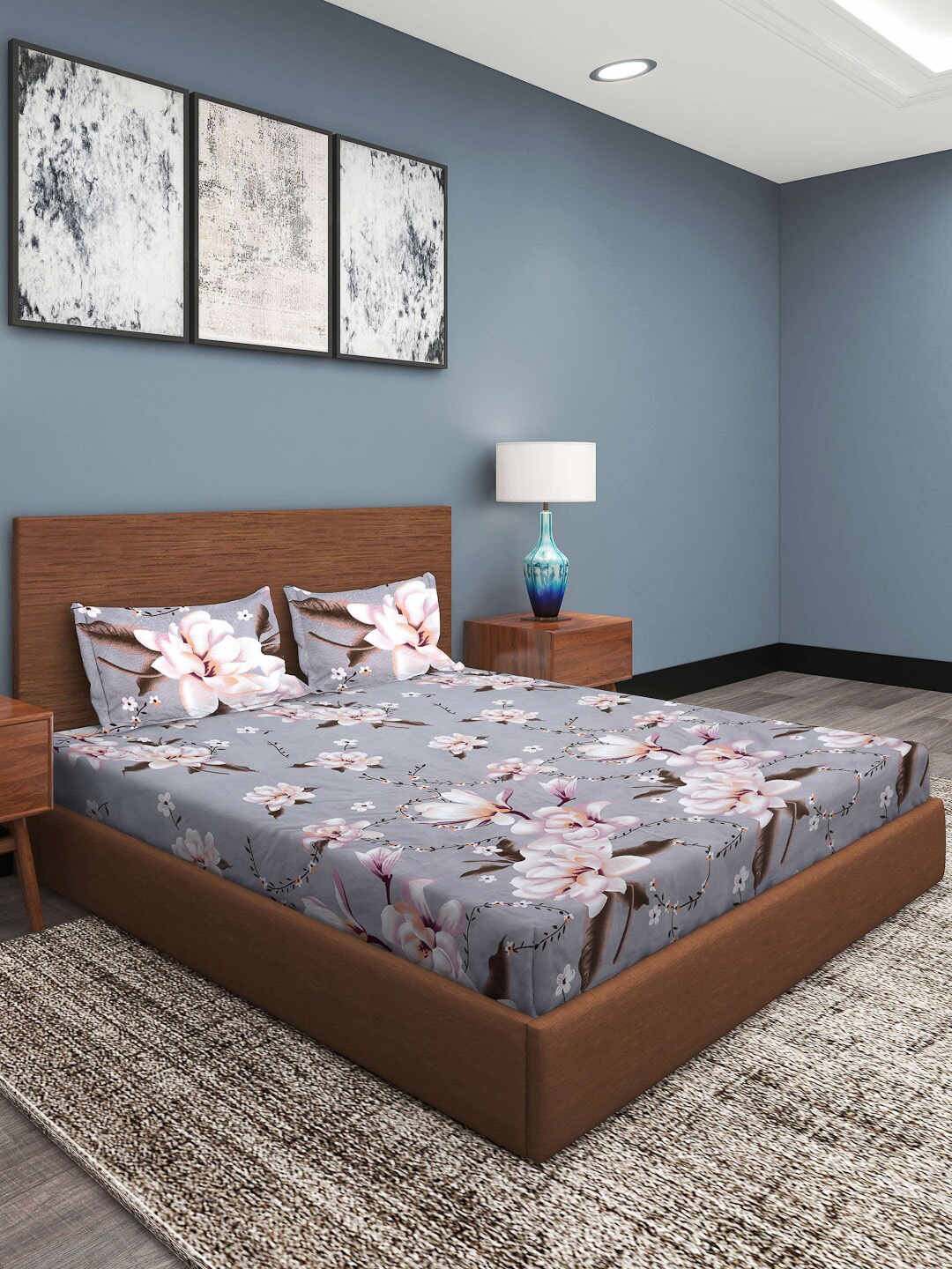 

ROMEE Grey & Pink Floral 186 TC King Bedsheet with 2 Pillow Covers