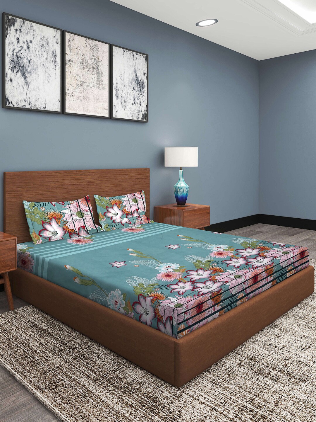 

ROMEE Teal & Peach-Coloured Floral 186 TC King Bedsheet with 2 Pillow Covers