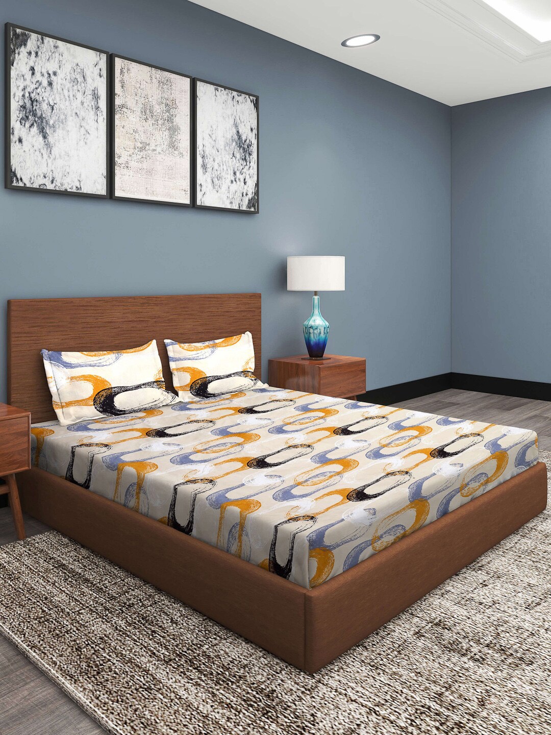 

ROMEE Beige & Blue Geometric 186 TC King Bedsheet with 2 Pillow Covers