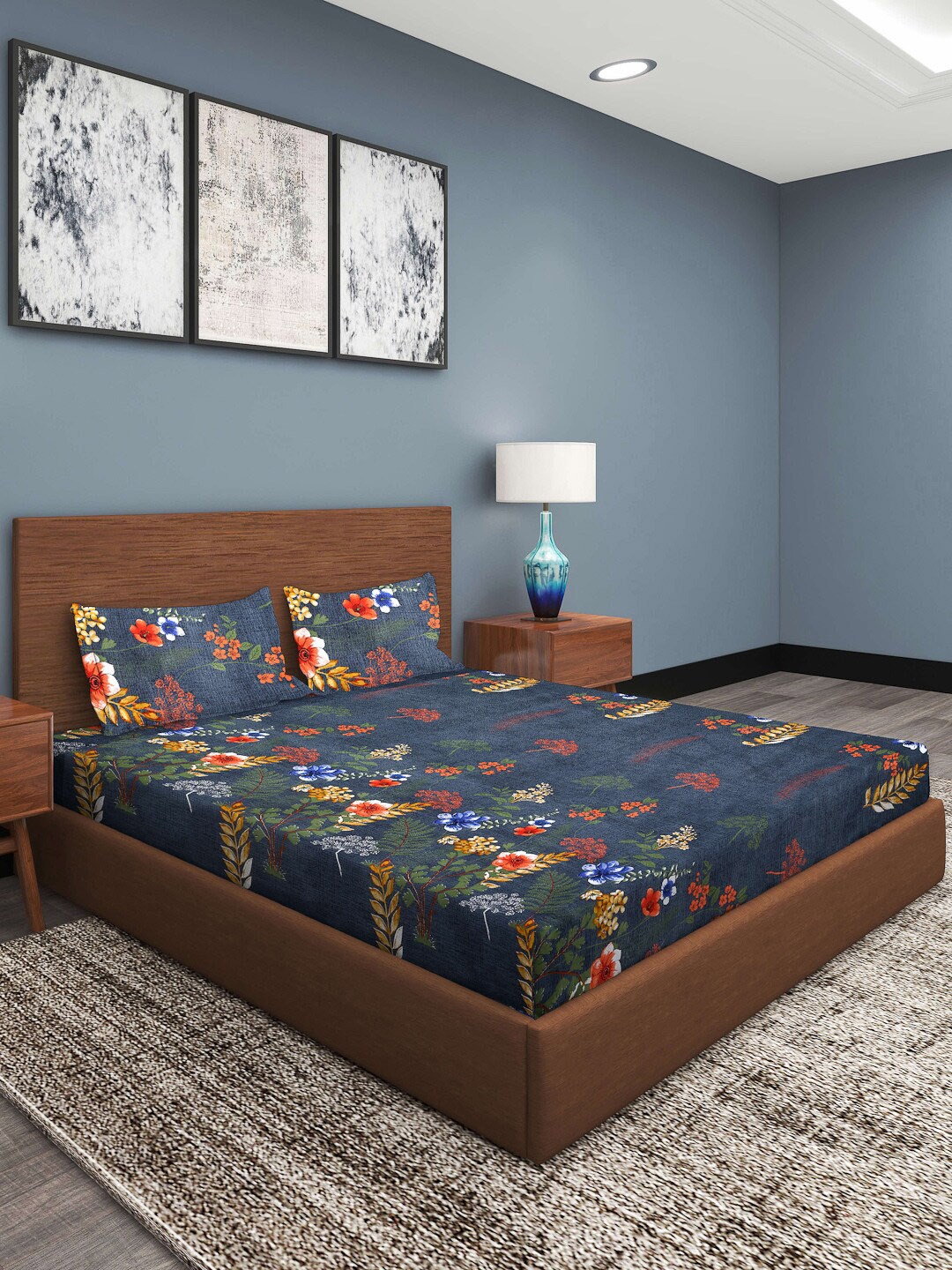 

ROMEE Blue & Orange Floral 186 TC King Bedsheet with 2 Pillow Covers