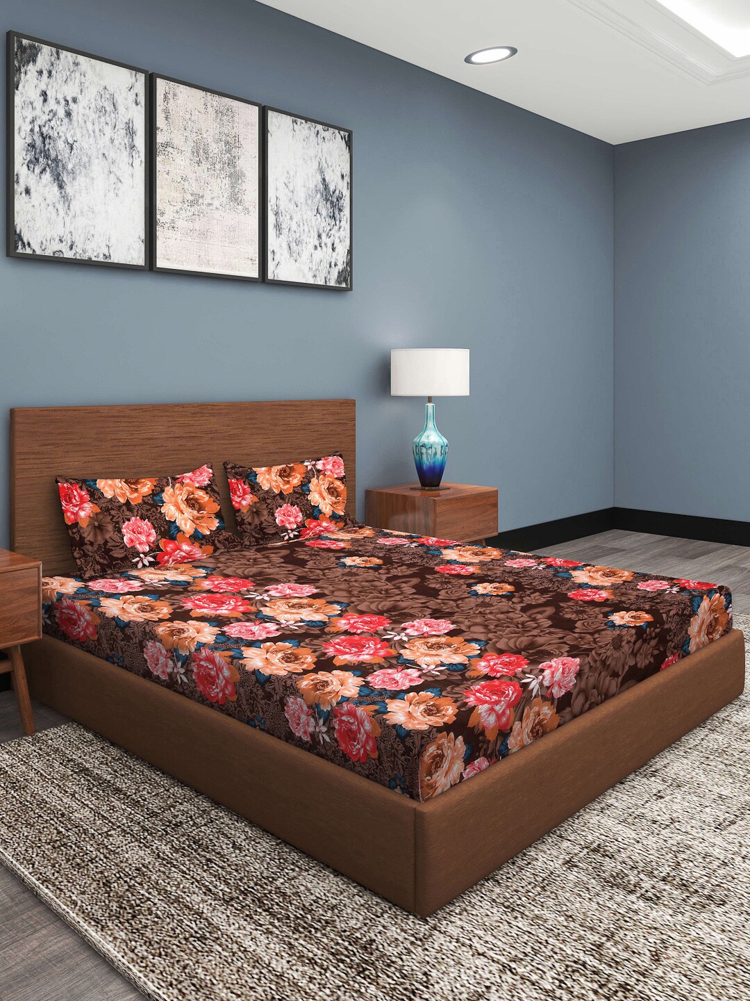 

ROMEE Brown & Pink Floral 186 TC King Bedsheet with 2 Pillow Covers