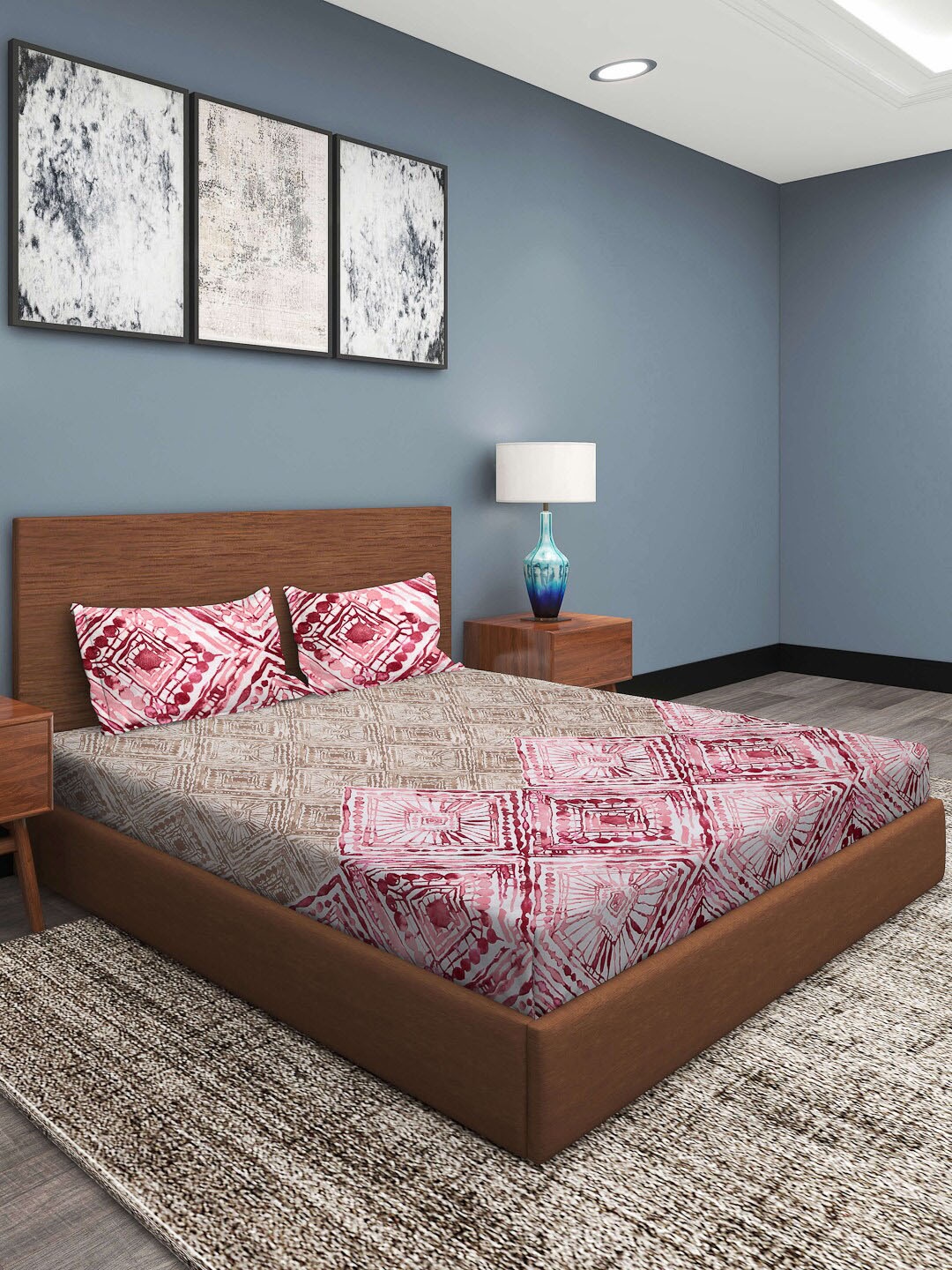 

ROMEE Beige & Red Geometric 186 TC King Bedsheet with 2 Pillow Covers