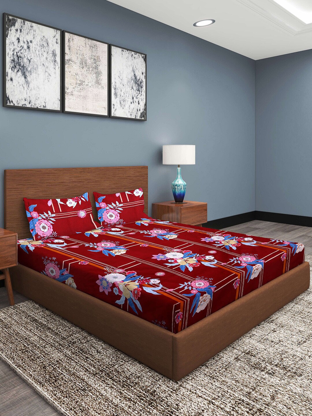 

ROMEE Maroon & Blue Floral 186 TC King Bedsheet with 2 Pillow Covers