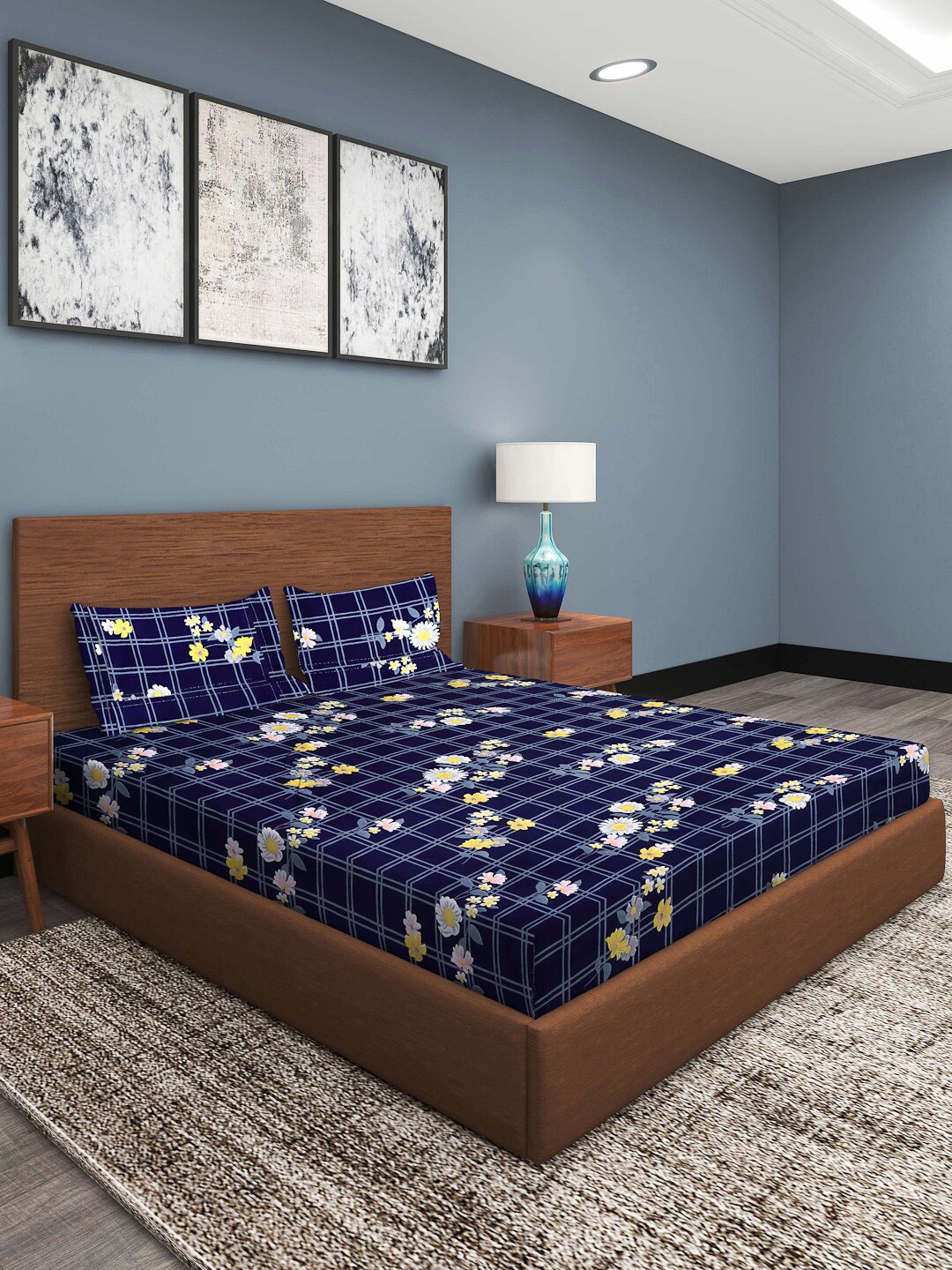

ROMEE Blue & Yellow Floral 186 TC King Bedsheet with 2 Pillow Covers