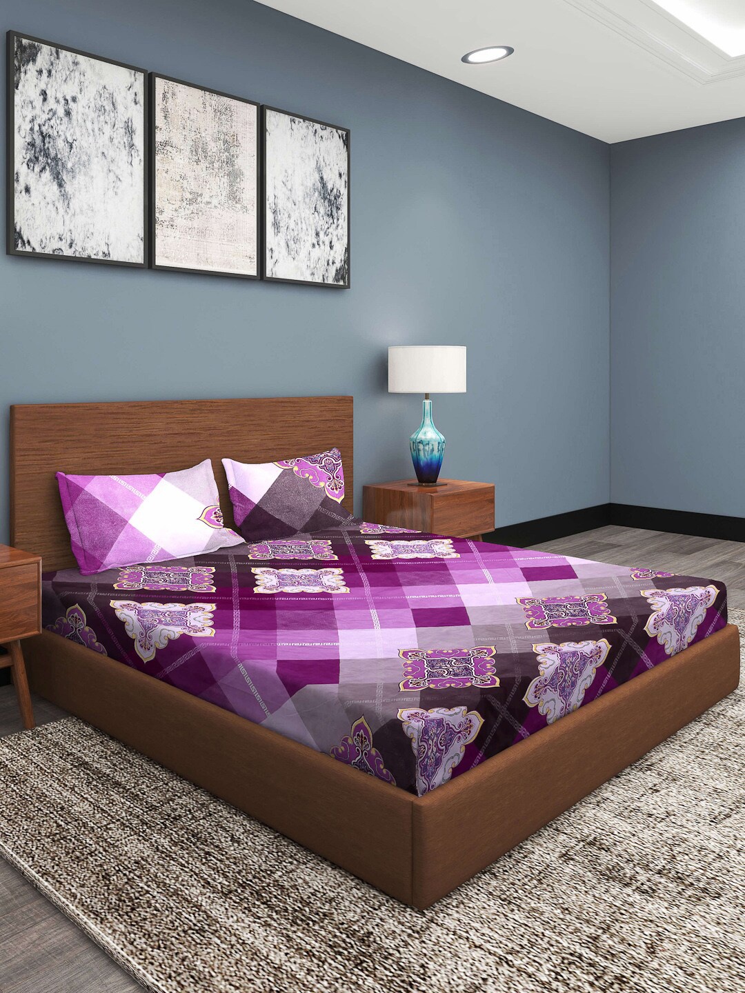 

ROMEE Purple Ethnic Motifs 186 TC King Bedsheet with 2 Pillow Covers
