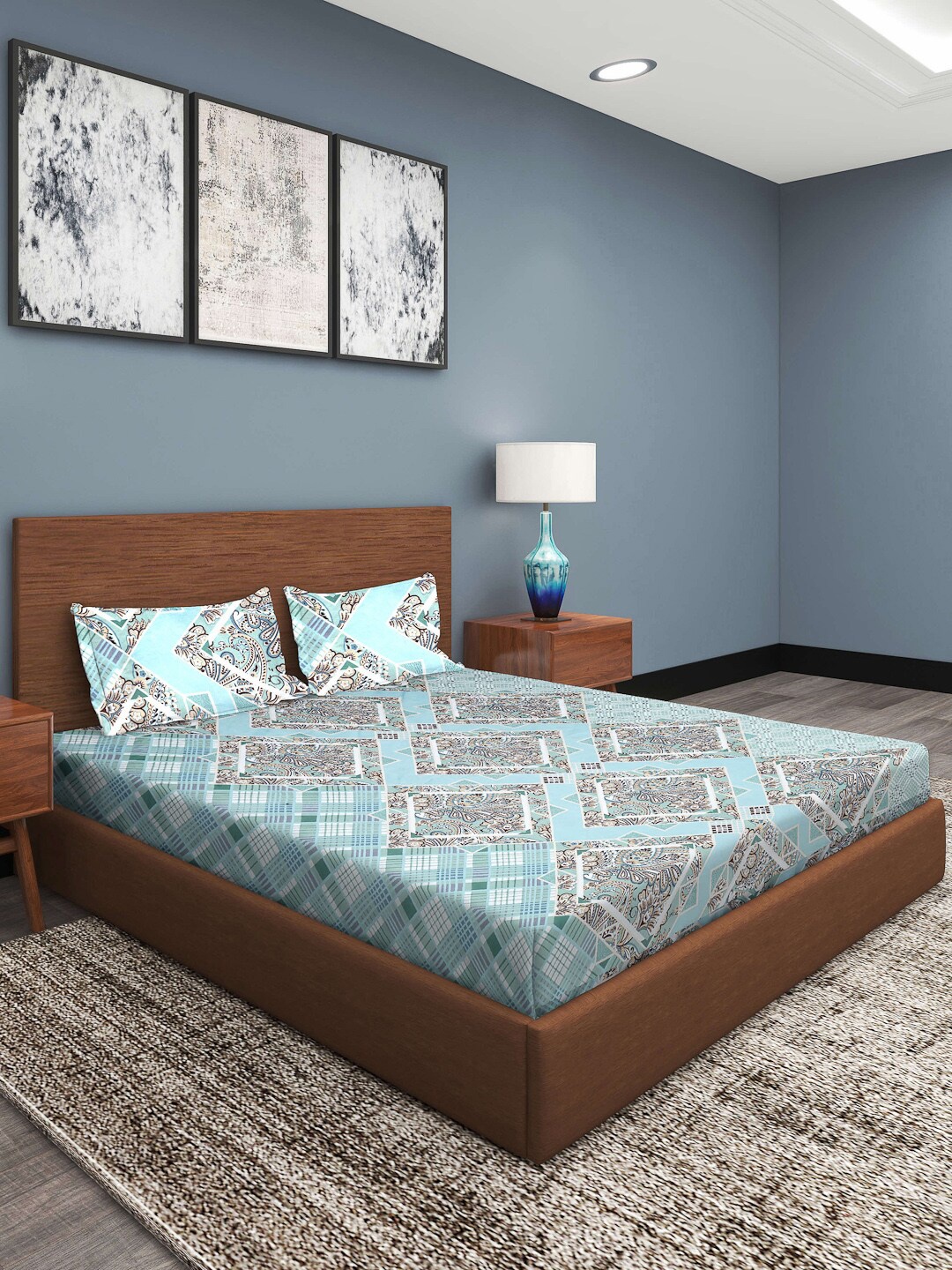 

ROMEE Blue & Green Ethnic Motifs 186 TC King Bedsheet with 2 Pillow Covers