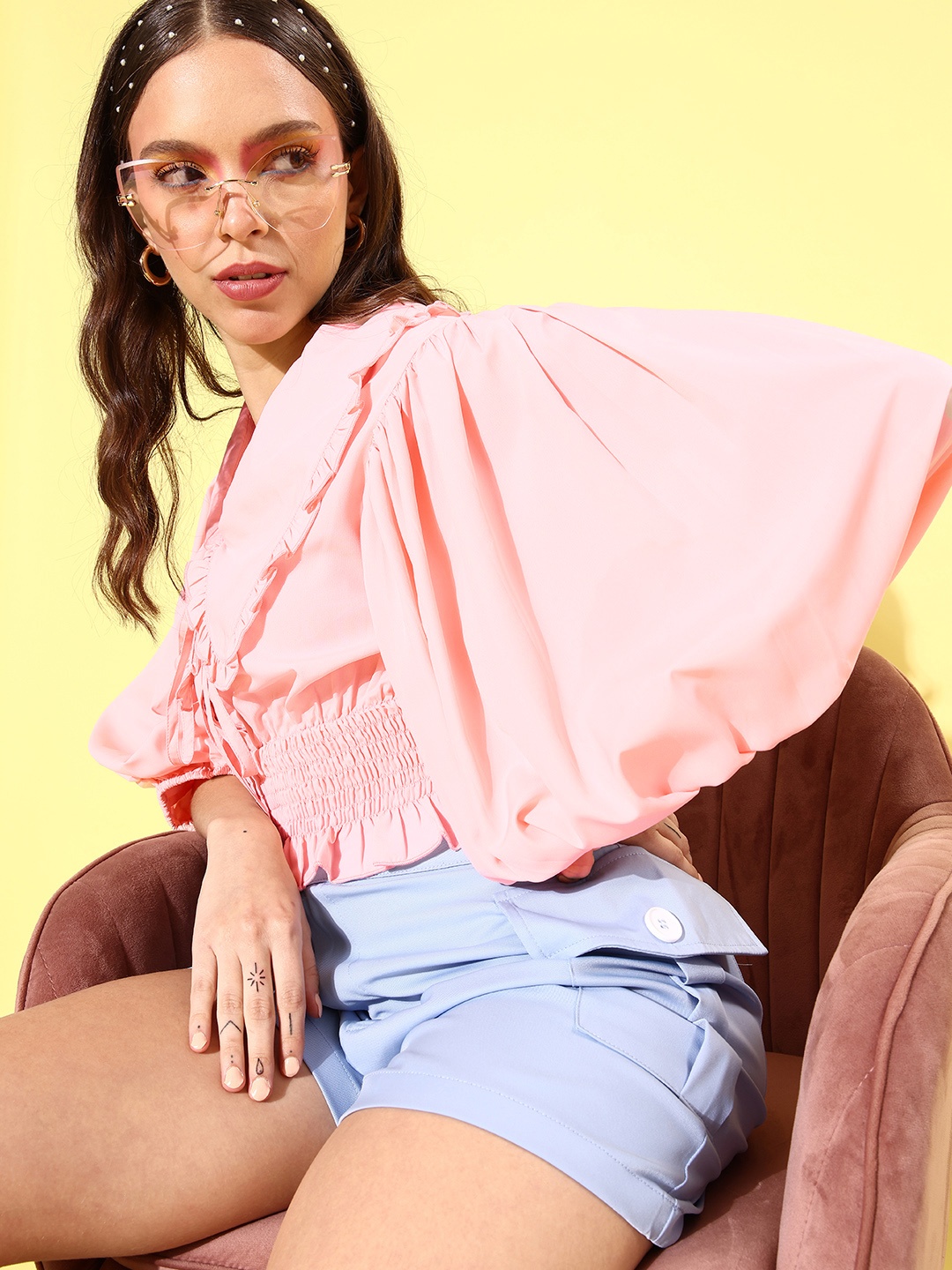 

QUIERO Pretty Pink Solid Statement Collar Top