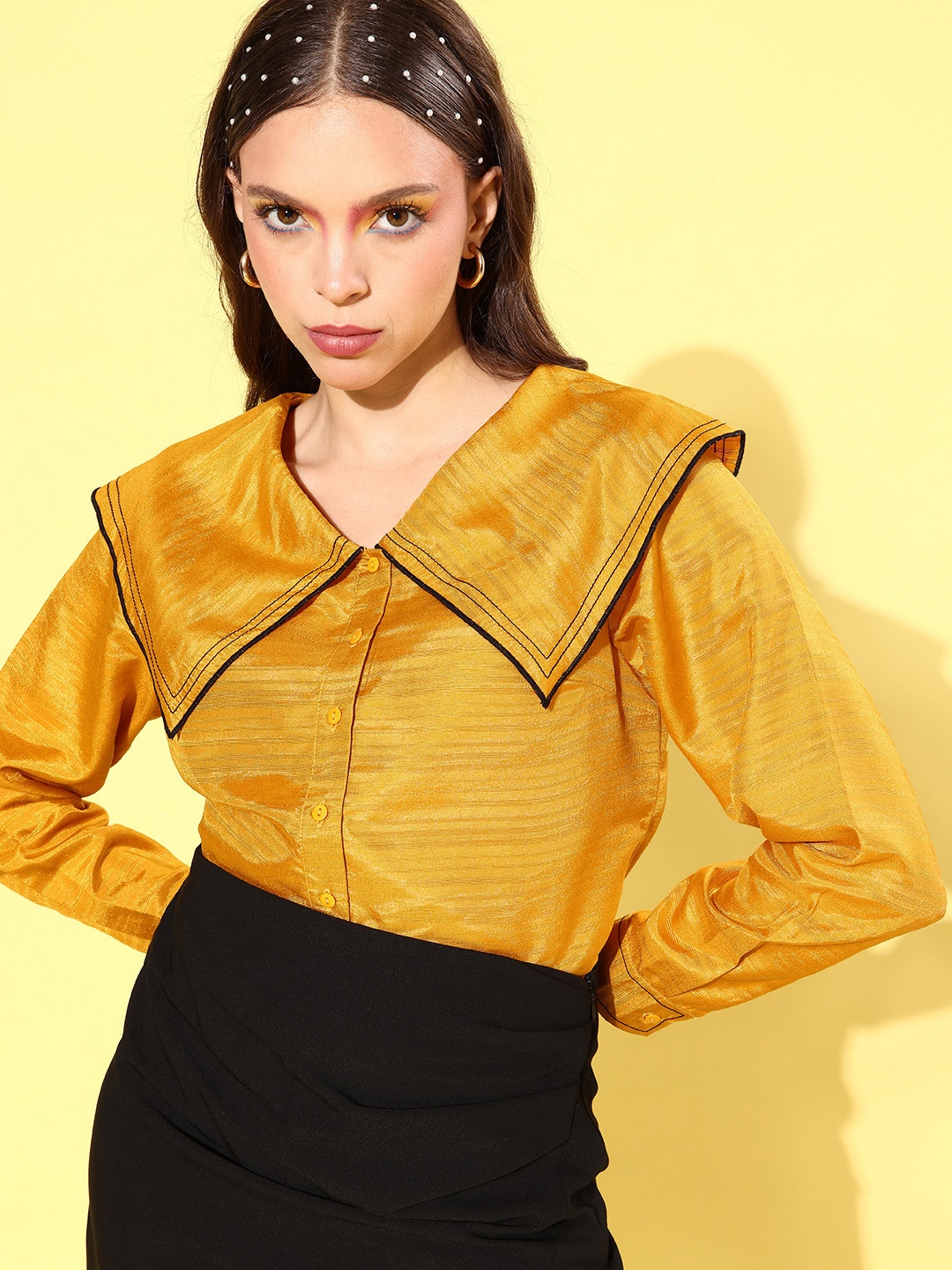 

QUIERO Women Stylish Mustard Solid Statement Collar Shirt