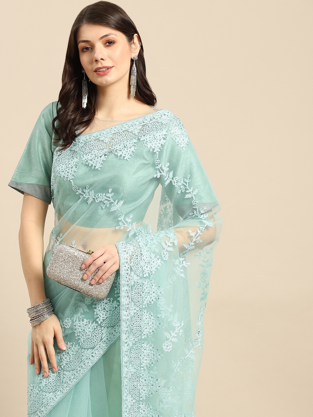 

all about you Green Ethnic Motifs Beads and Stones Net Saree