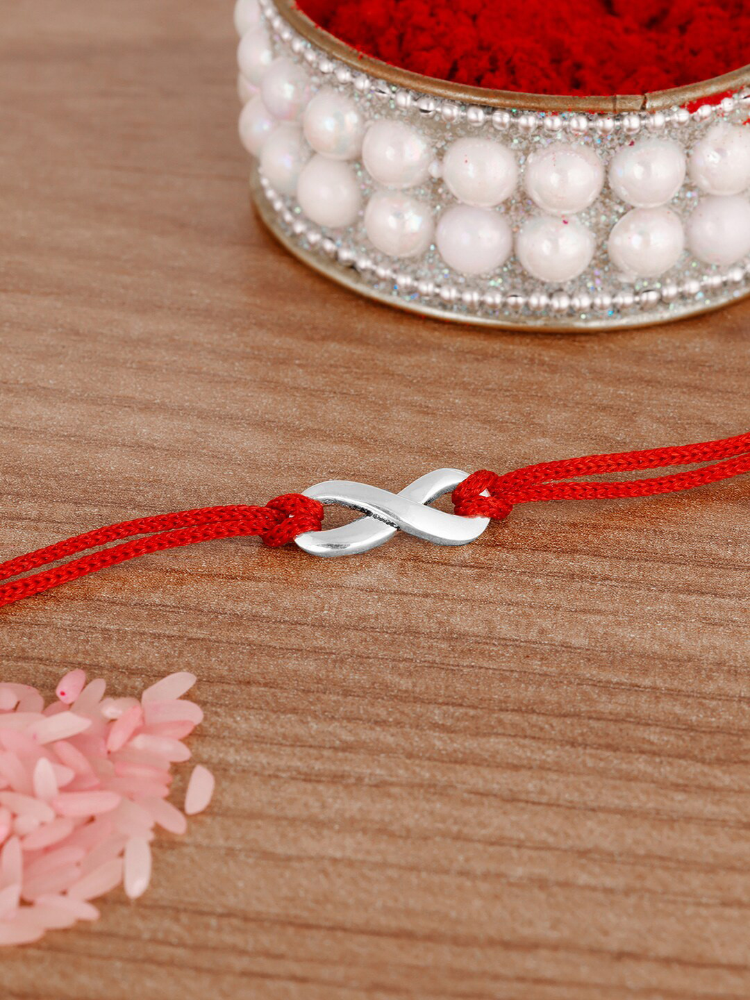

GIVA 925 Sterling Silver Silver Coloured & Red Infinity Bond Rakhi with Roli Chawal