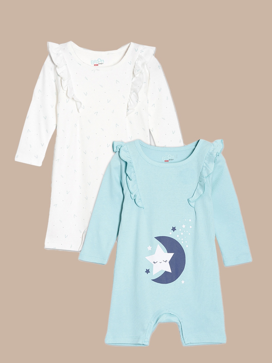 

Broon Infant Girls Pack of 2 Sea Green and White Printed Pure Organic Cotton Rompers