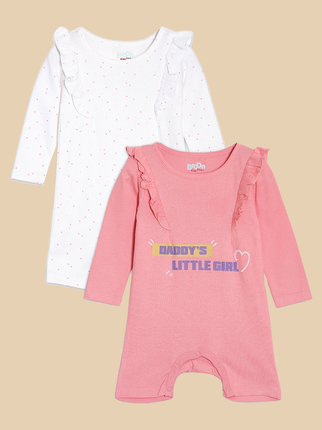 

Broon Infant Girls Pack of 2 Printed Pure Organic Cotton Rompers, White