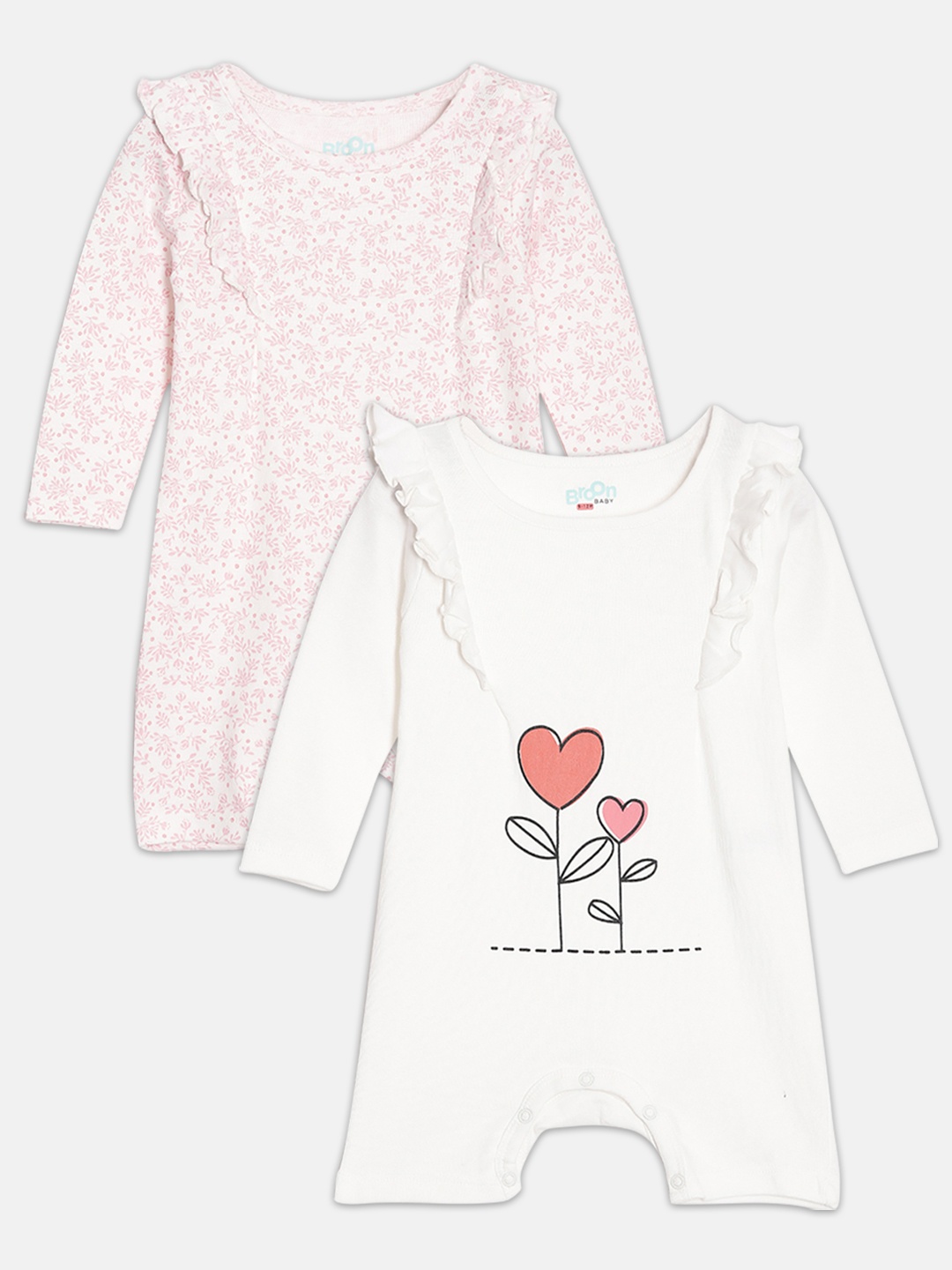 

Broon Girls Pack of 2 White & Pink Printed Pure Organic Cotton Rompers