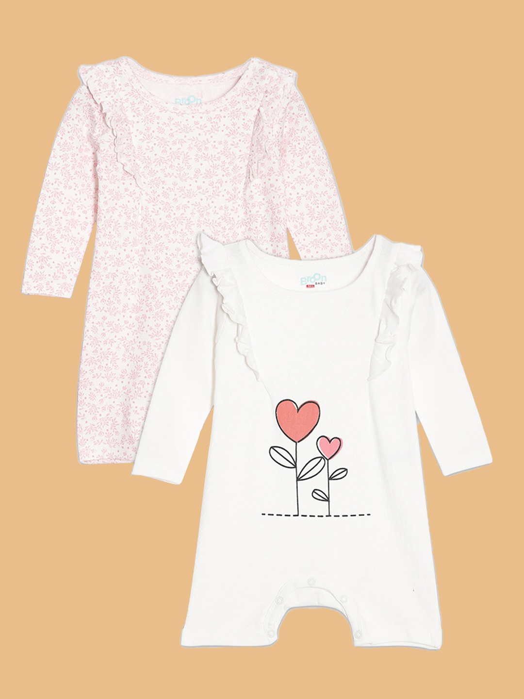 

Broon Girls Pack of 2 White & Pink Printed Pure Organic Cotton Rompers