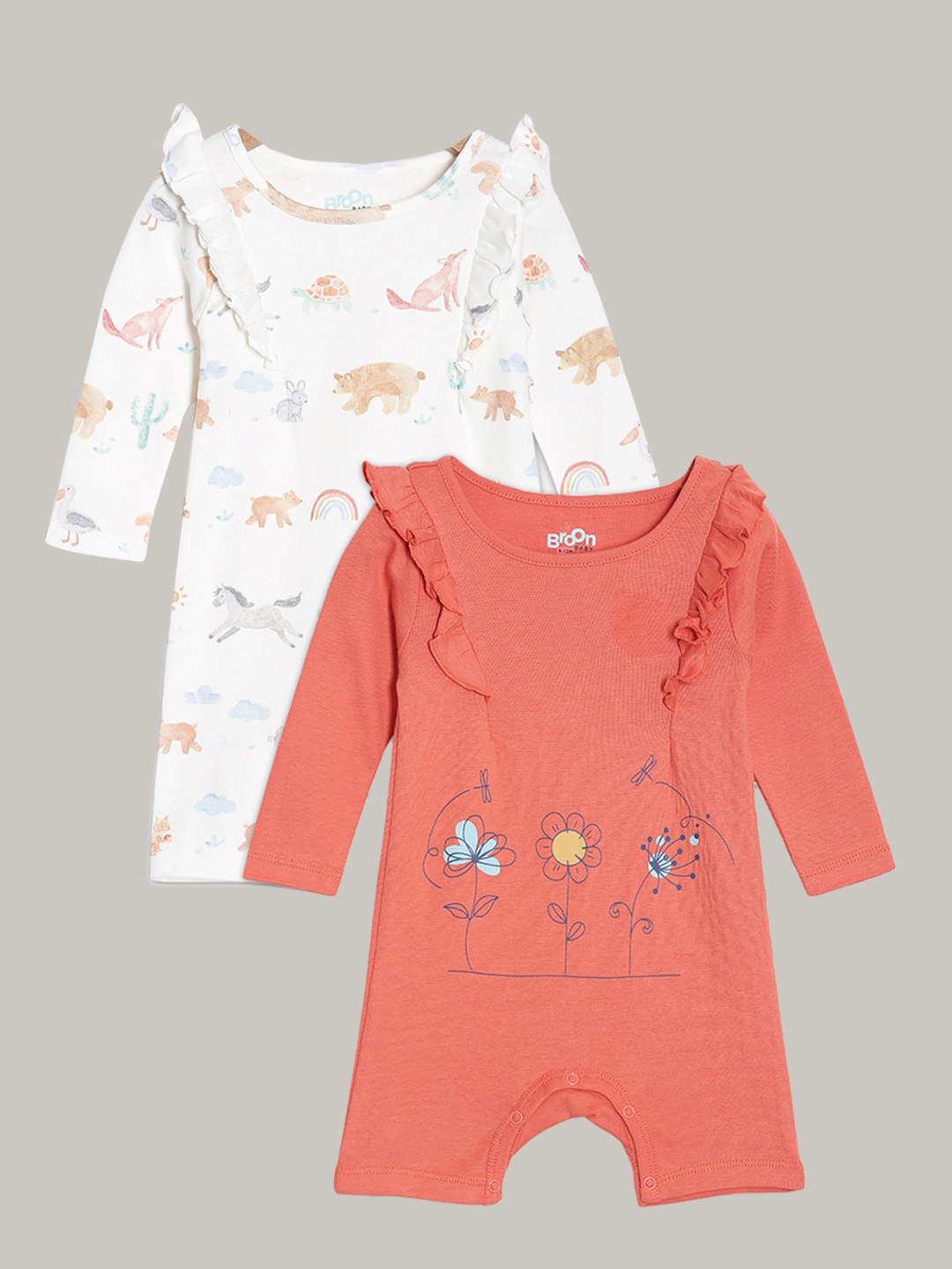 

Broon Girls Pack of 2 Orange & Off White Printed Pure Organic Cotton Rompers