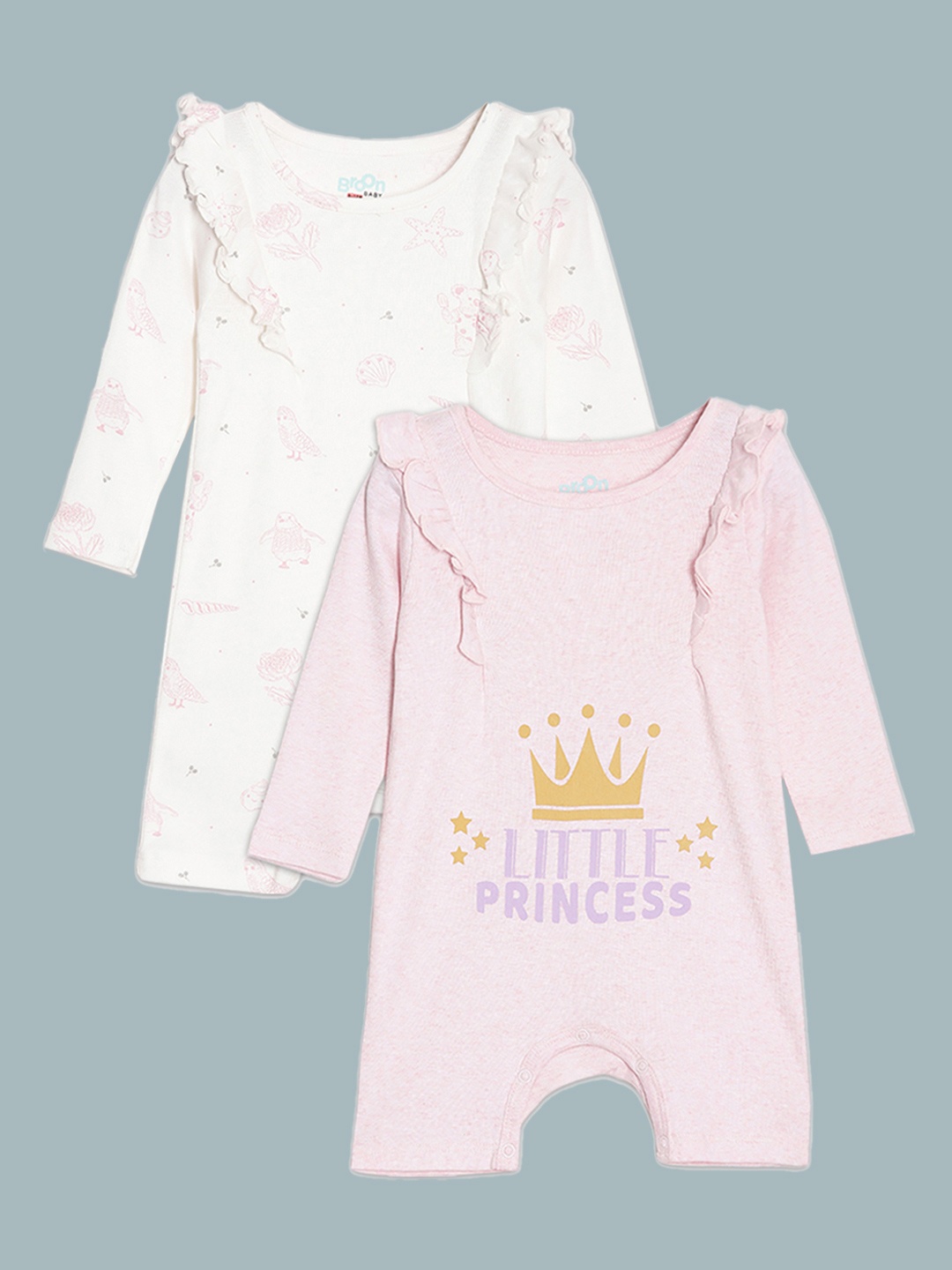 

Broon Girls Off White and Pink Pack of 2 Printed Pure Organic Cotton Rompers